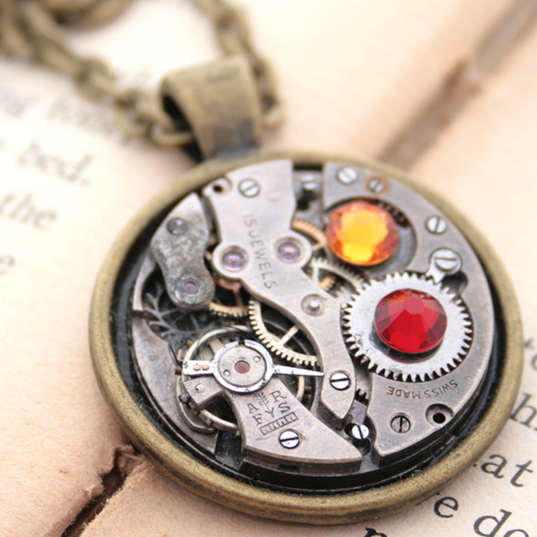 Dark academia necklace made of watch mechanism and Swarovski crystals