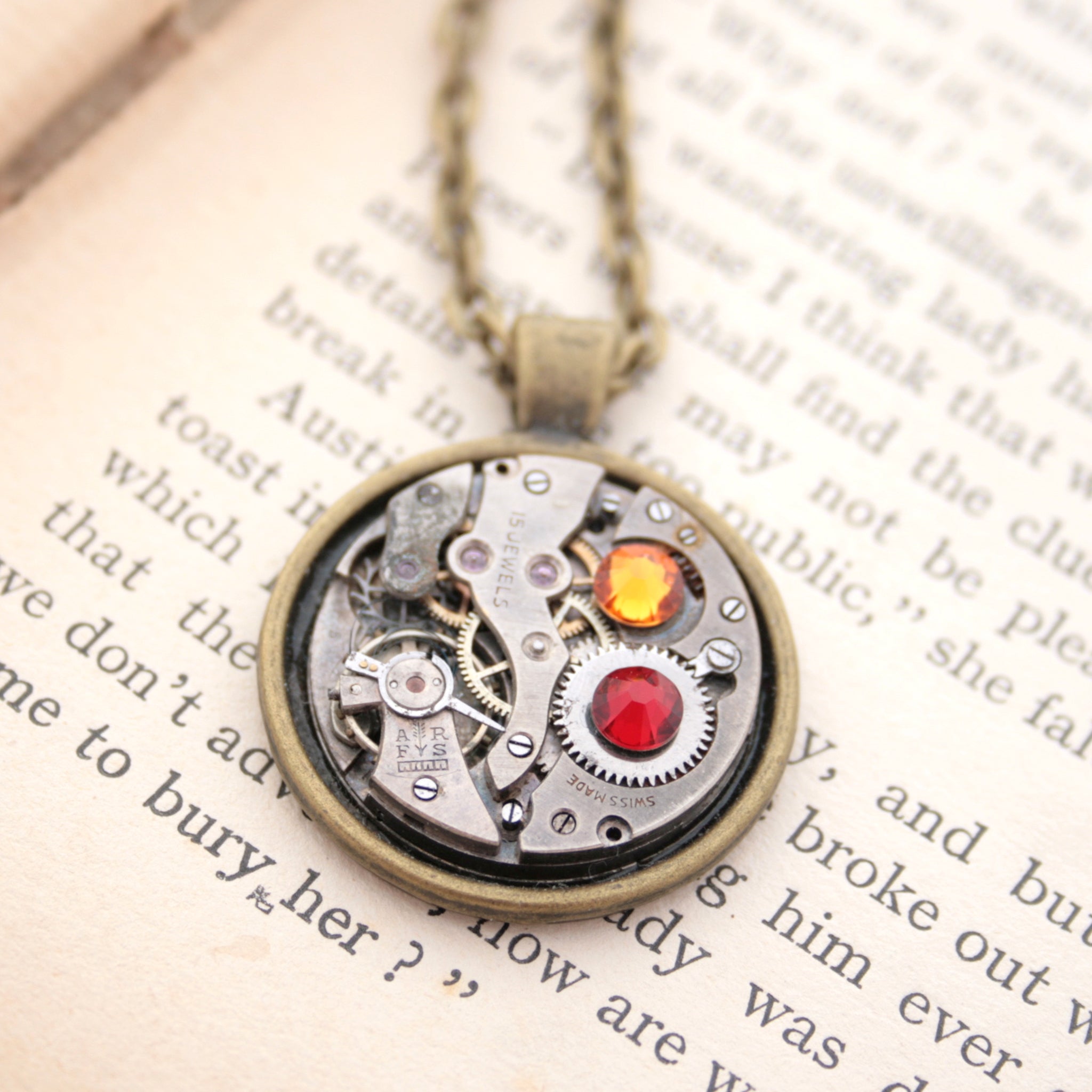 Dark academia necklace made of watch mechanism and Swarovski crystals