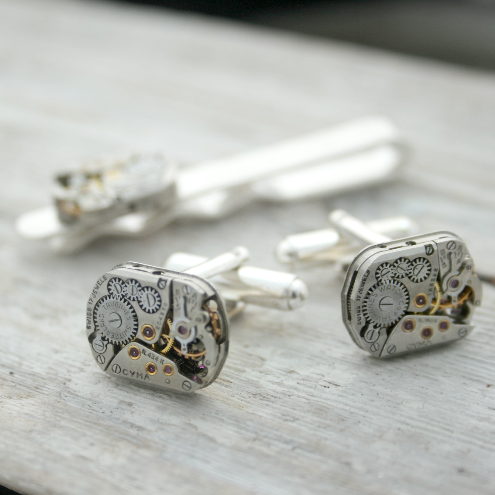 Sterling Tie Clip and Cufflinks Steampunk Set