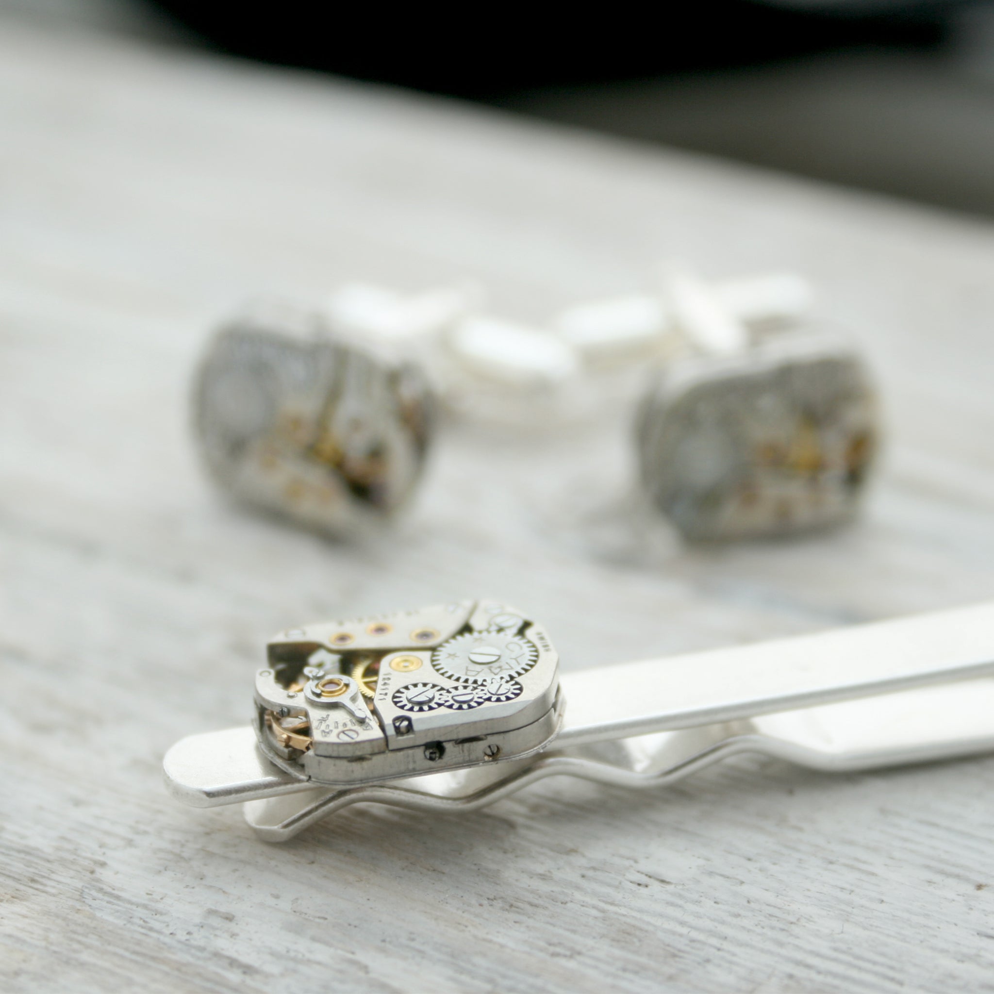 Sterling Tie Clip and Cufflinks Steampunk Set