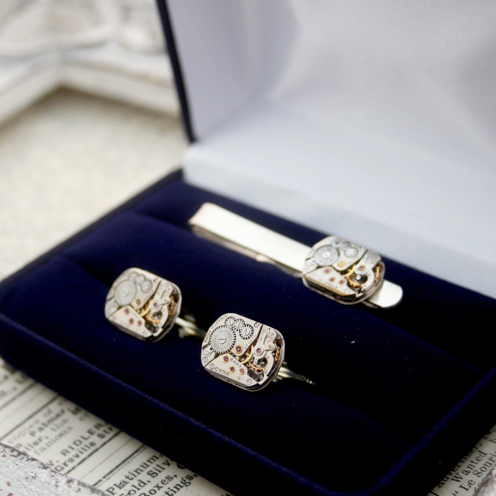 Sterling Tie Clip and Cufflinks Steampunk Set