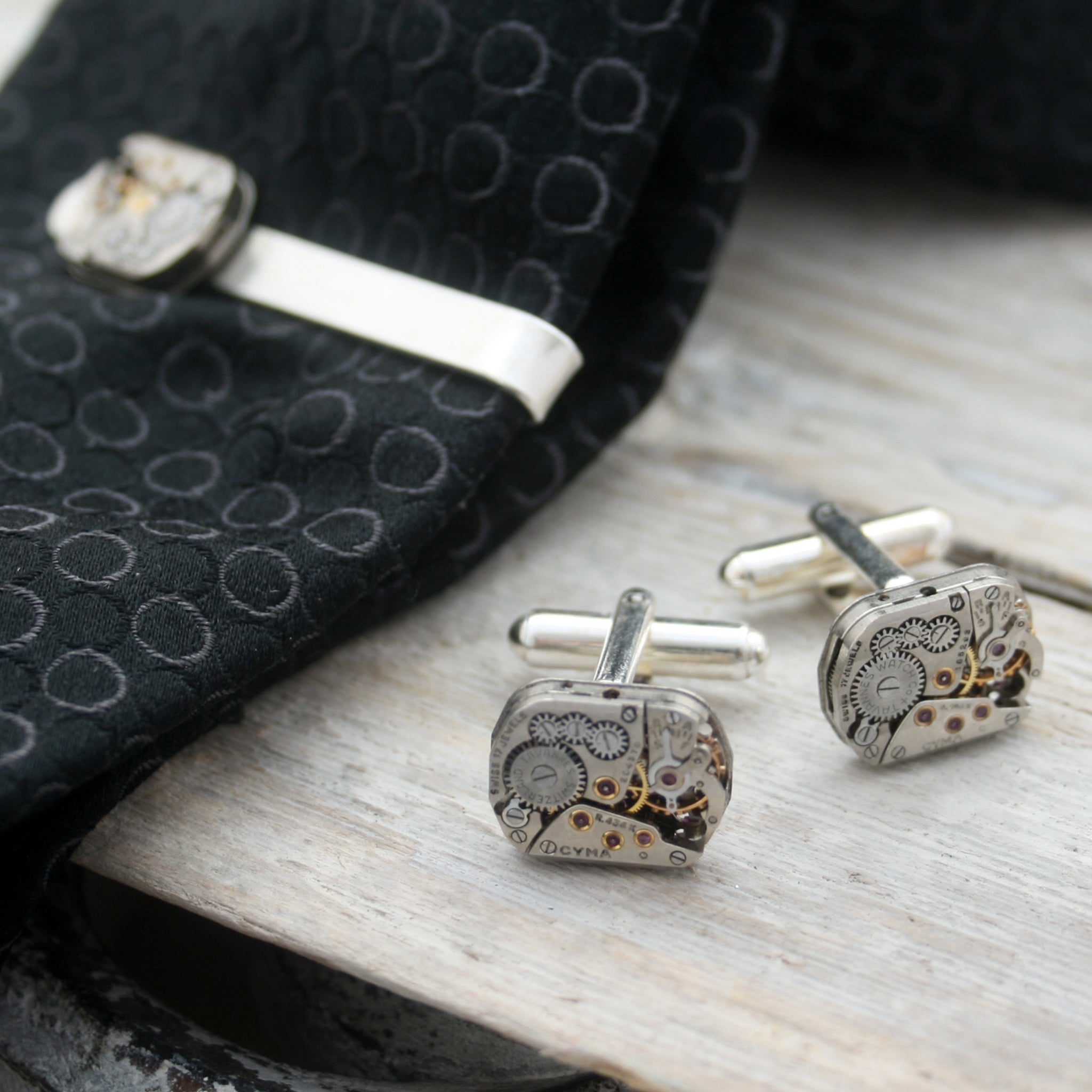 Sterling Tie Clip and Cufflinks Steampunk Set