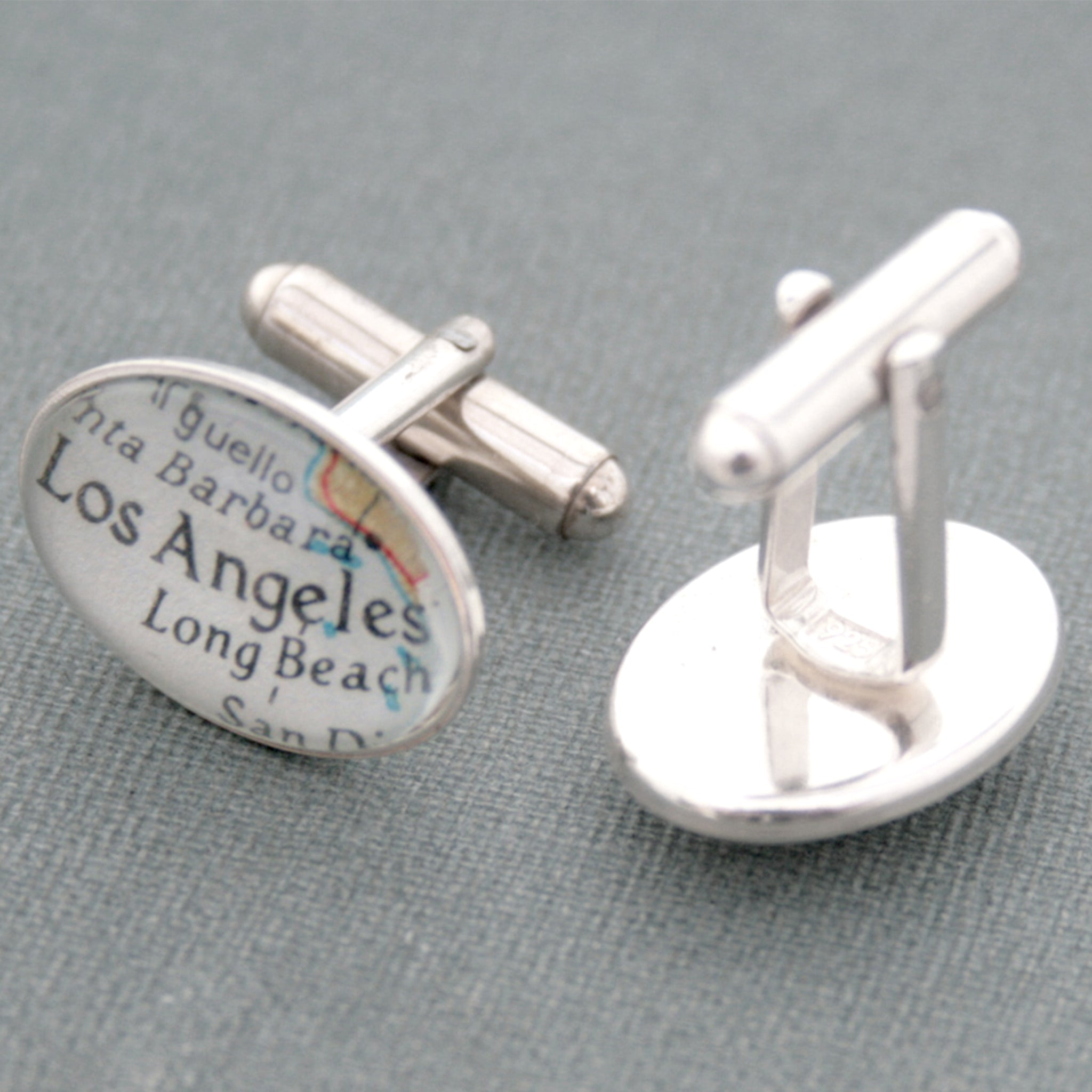 Sterling silver Personalised map cufflinks featuring maps of Los Angeles and San Francisco