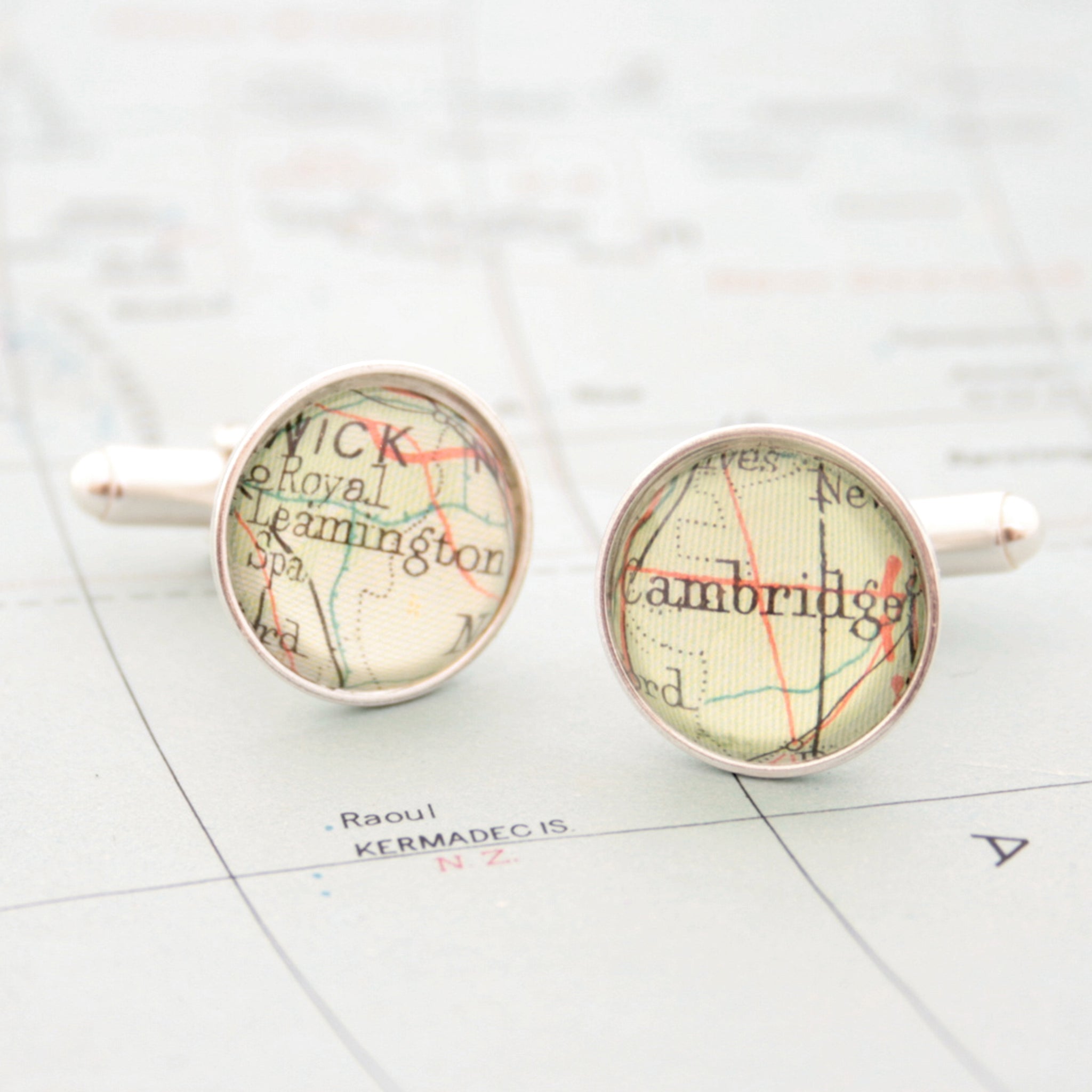 Sterling silver Personalised map cufflinks featuring maps of Cambridge and Leamington Spa