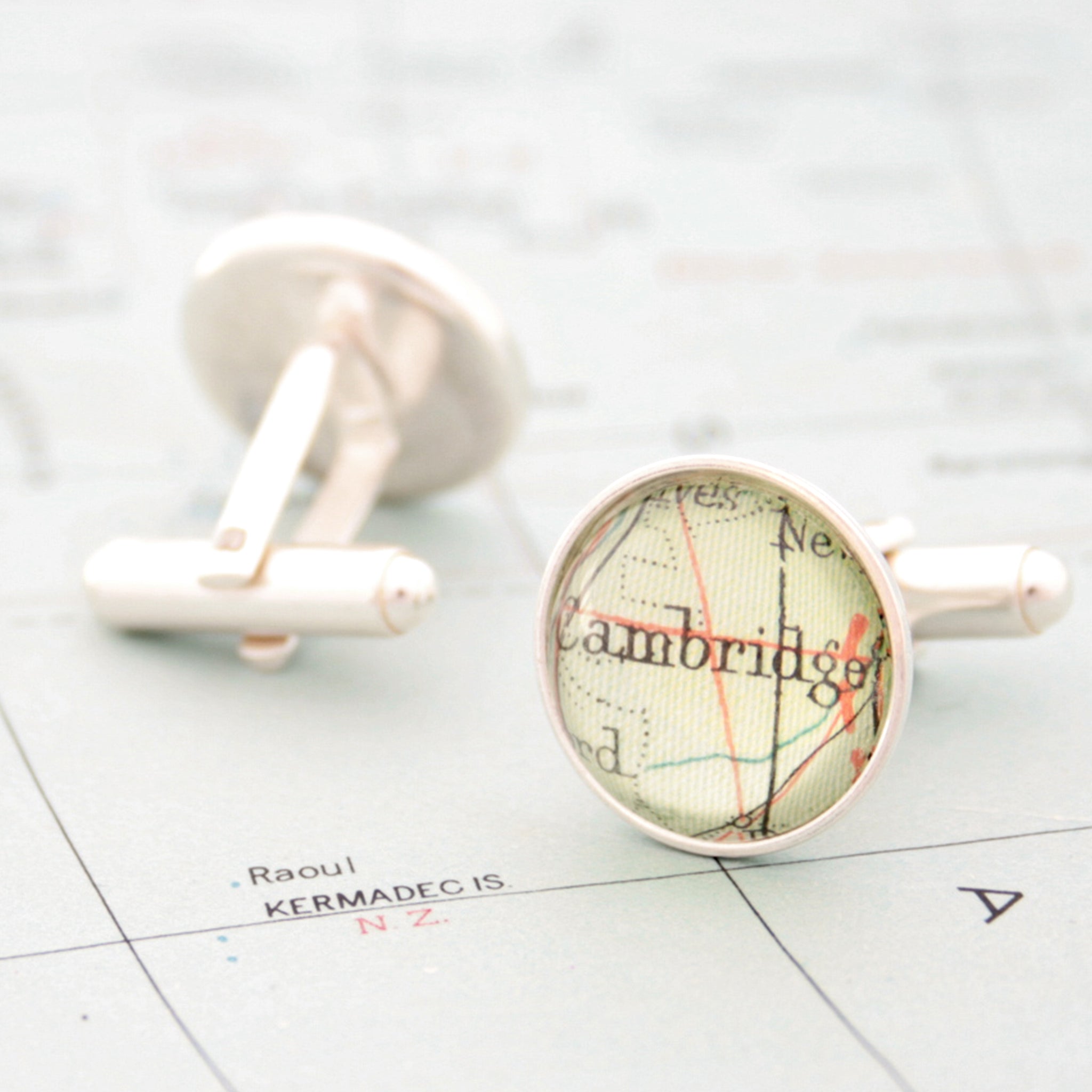 Sterling silver Personalised map cufflinks featuring maps of Cambridge and Leamington Spa