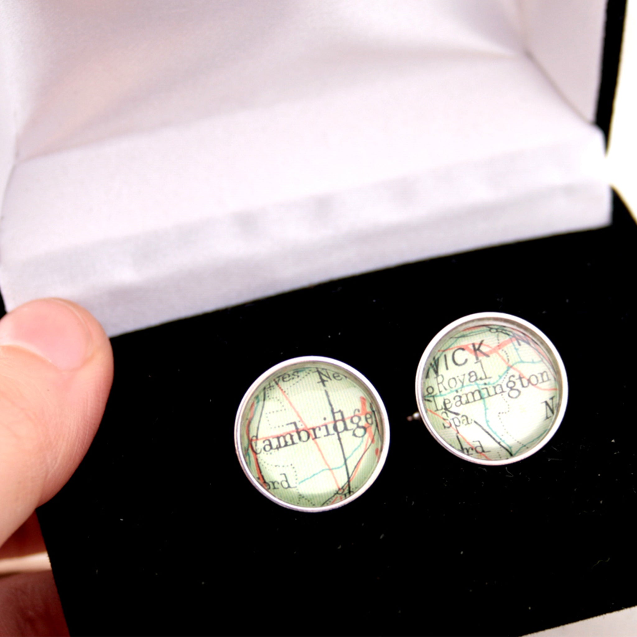 Sterling silver Personalised map cufflinks featuring maps of Cambridge and Leamington Spa in a box