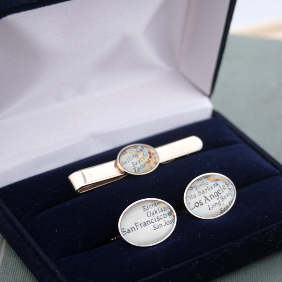 Sterling Silver Tie Clip and Cufflinks set featuring custom map locations