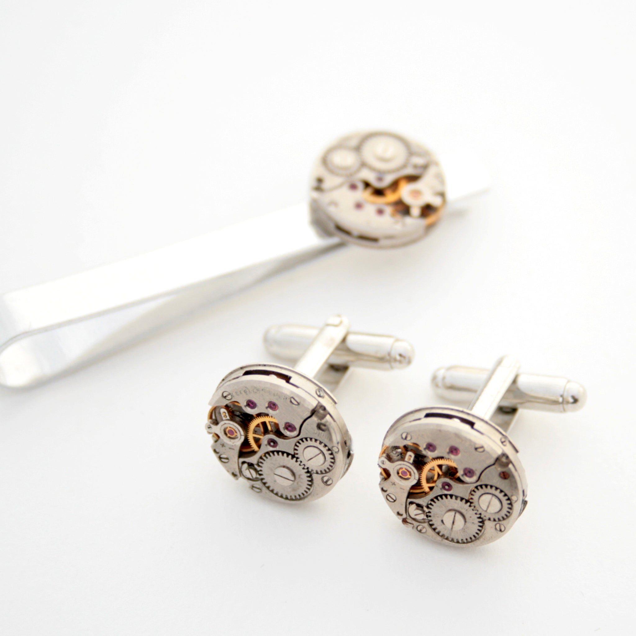 Tie Clip and Cufflinks with Steampunk Watch Movements