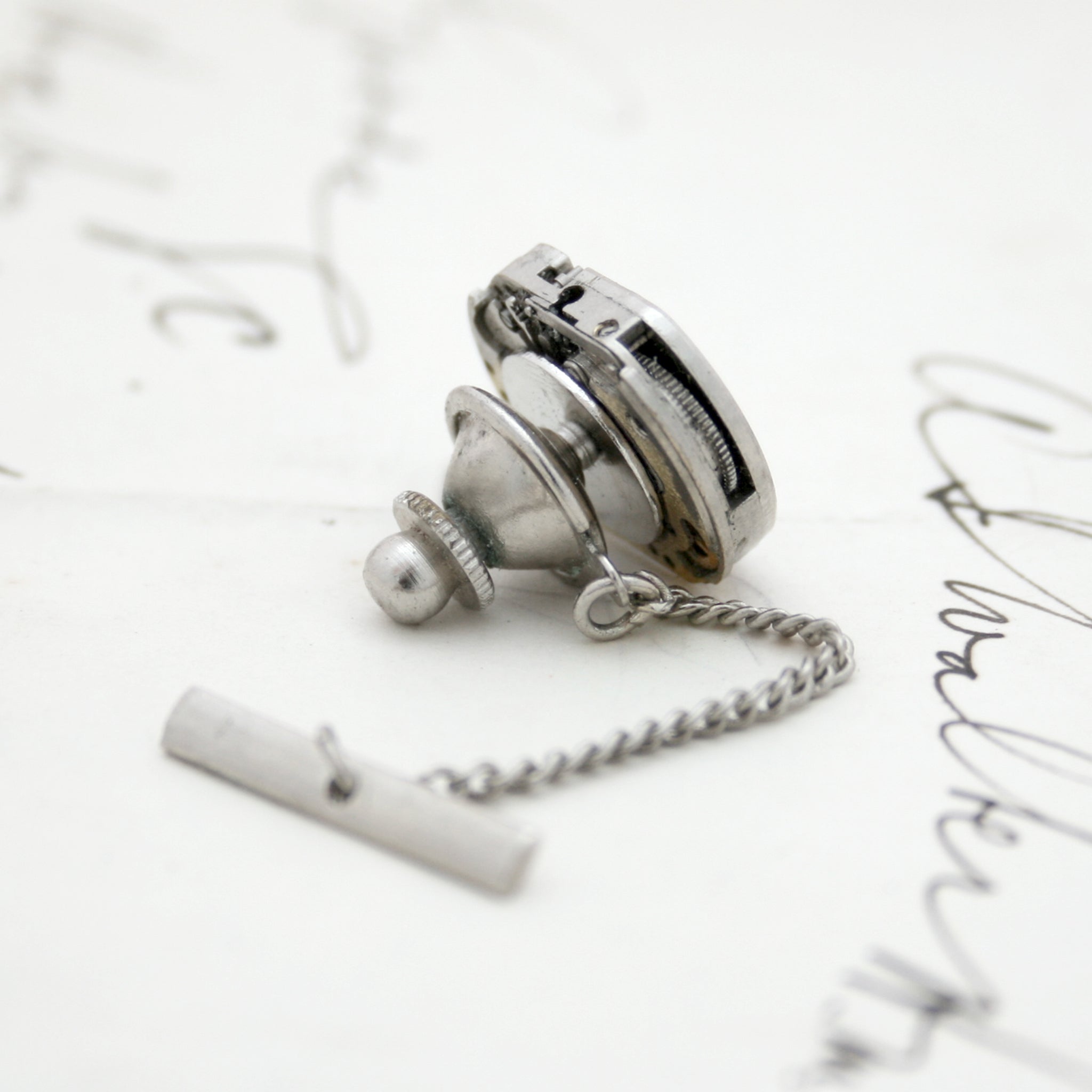 Back of the Steampunk Tie Tack with chain