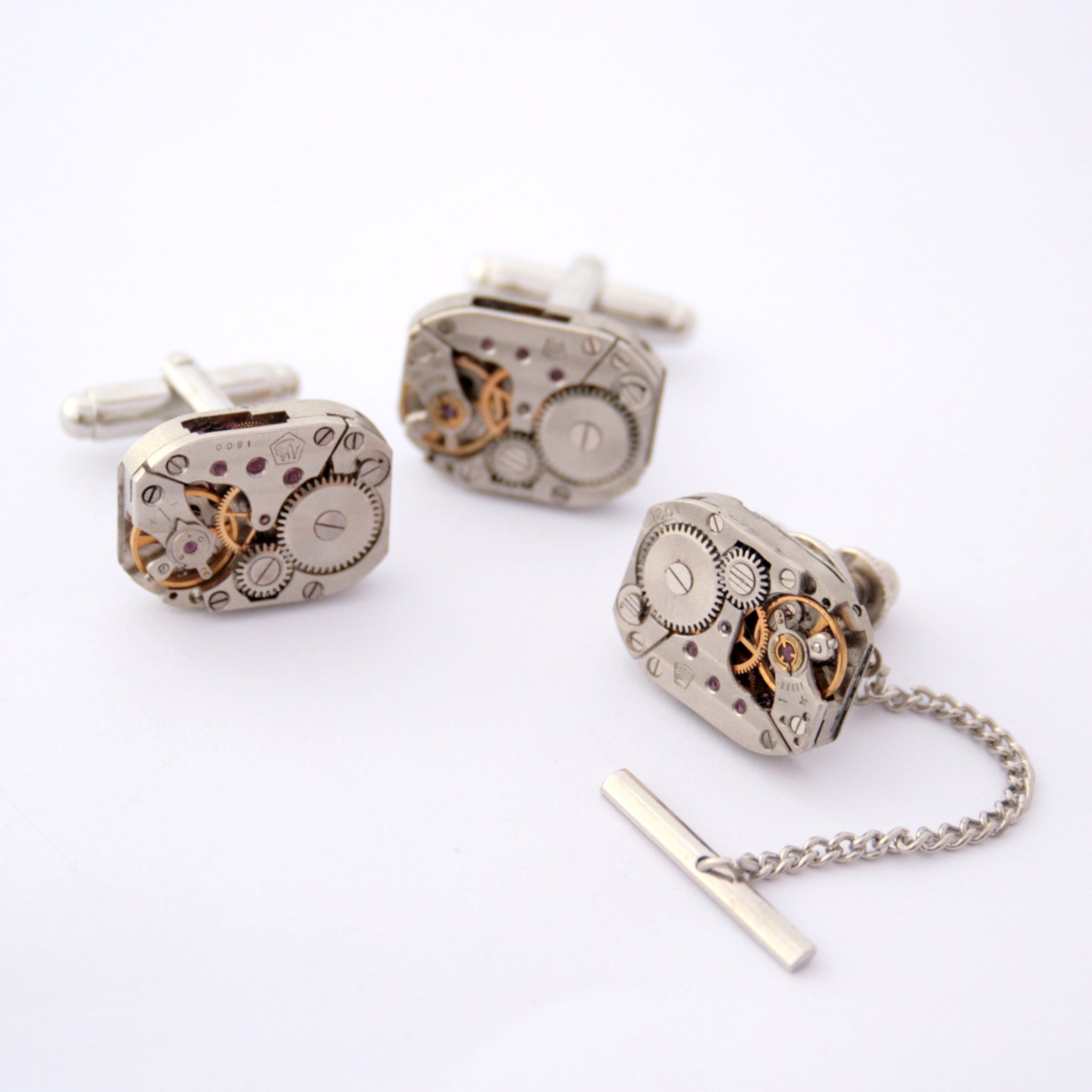 Steampunk Tie Tack and Cufflinks Set made of watch movements