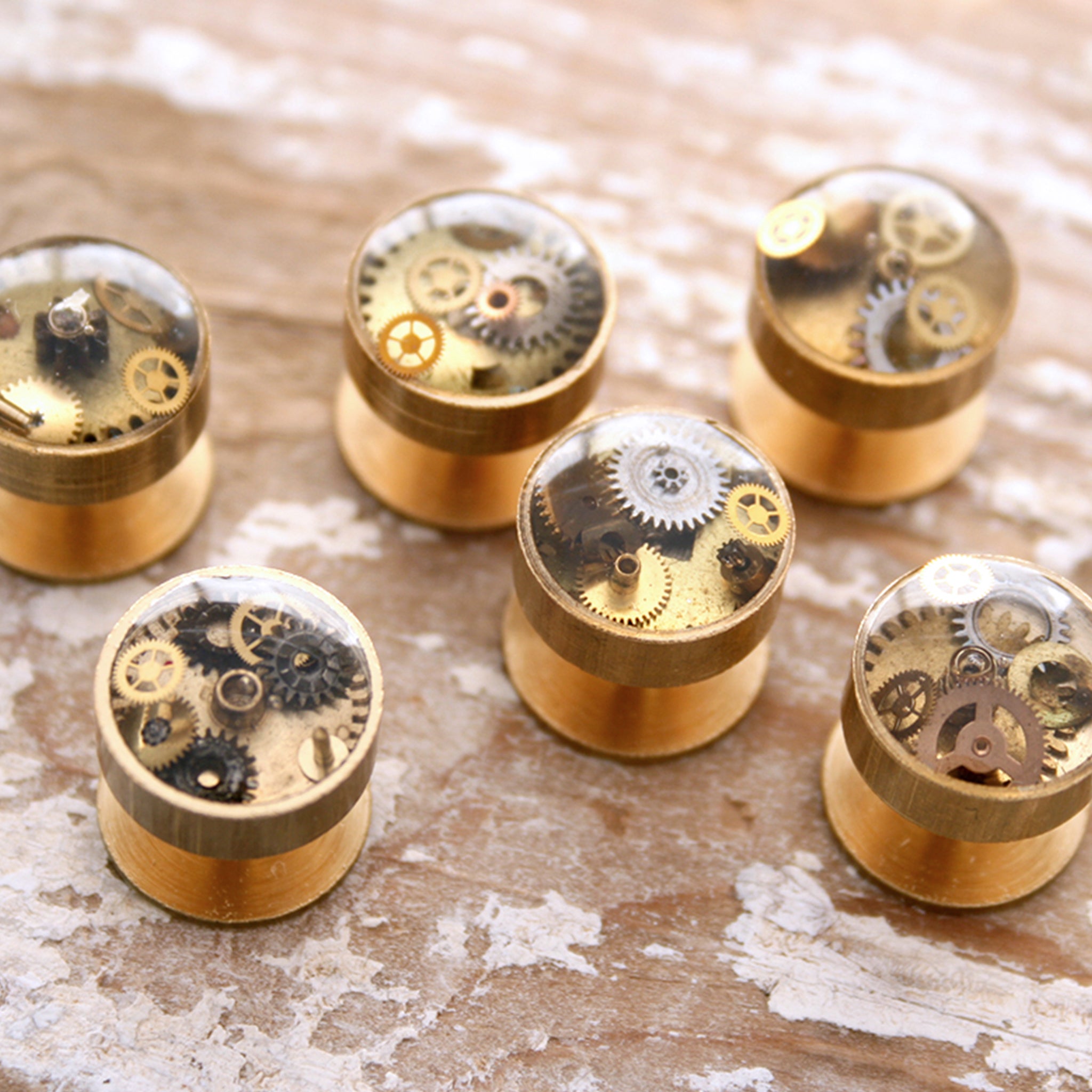 Brass Gold Tuxedo Studs Set filled with steampunk watch parts and resin