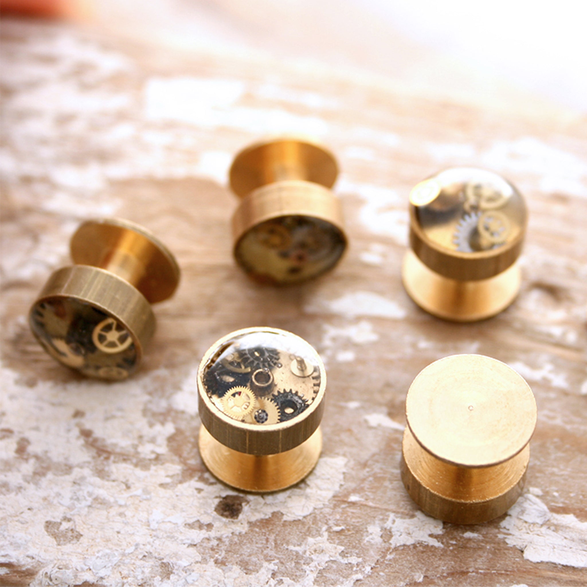 Brass Gold Tuxedo Studs Set filled with steampunk watch parts and resin