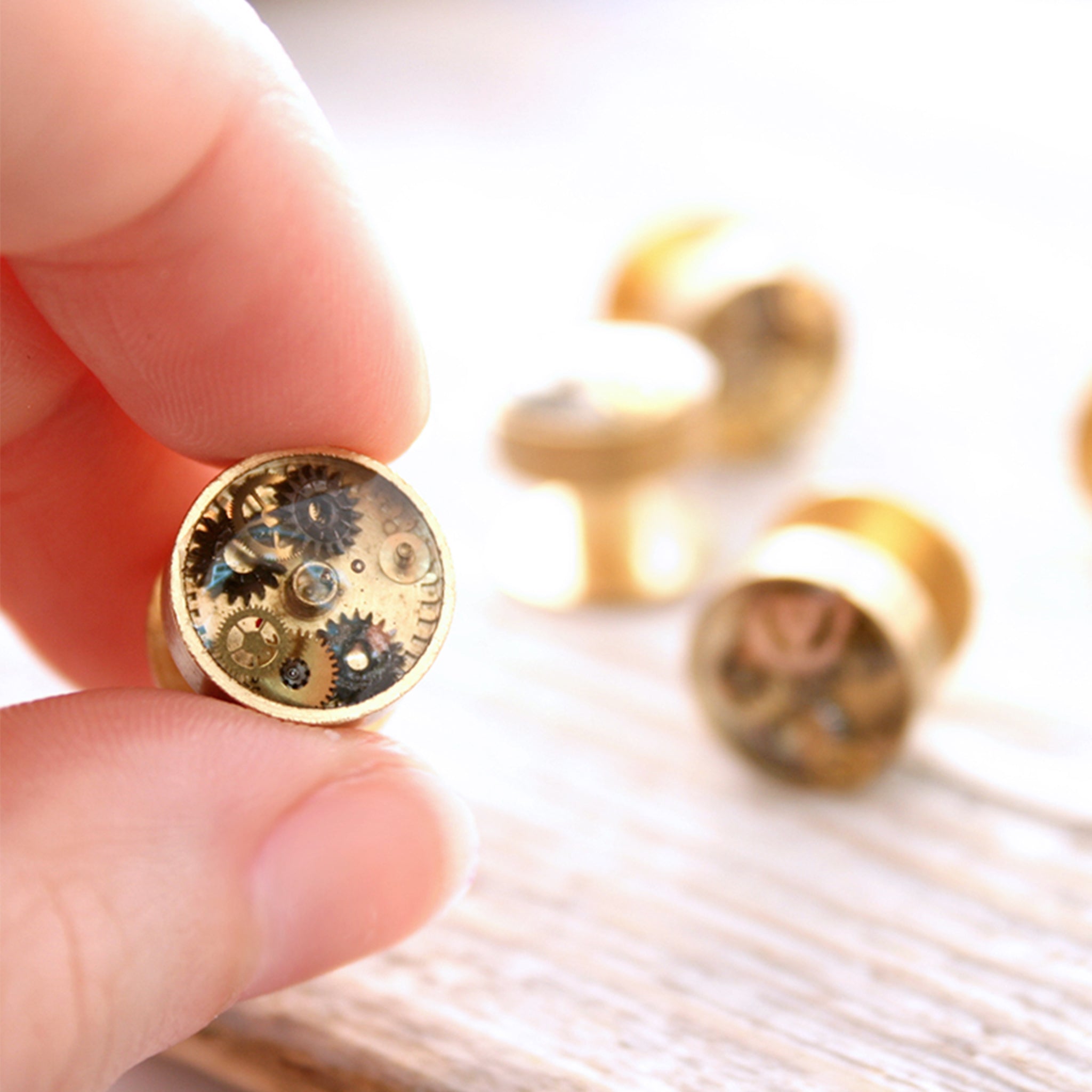 Brass Gold Tuxedo Studs Set filled with steampunk watch parts and resin