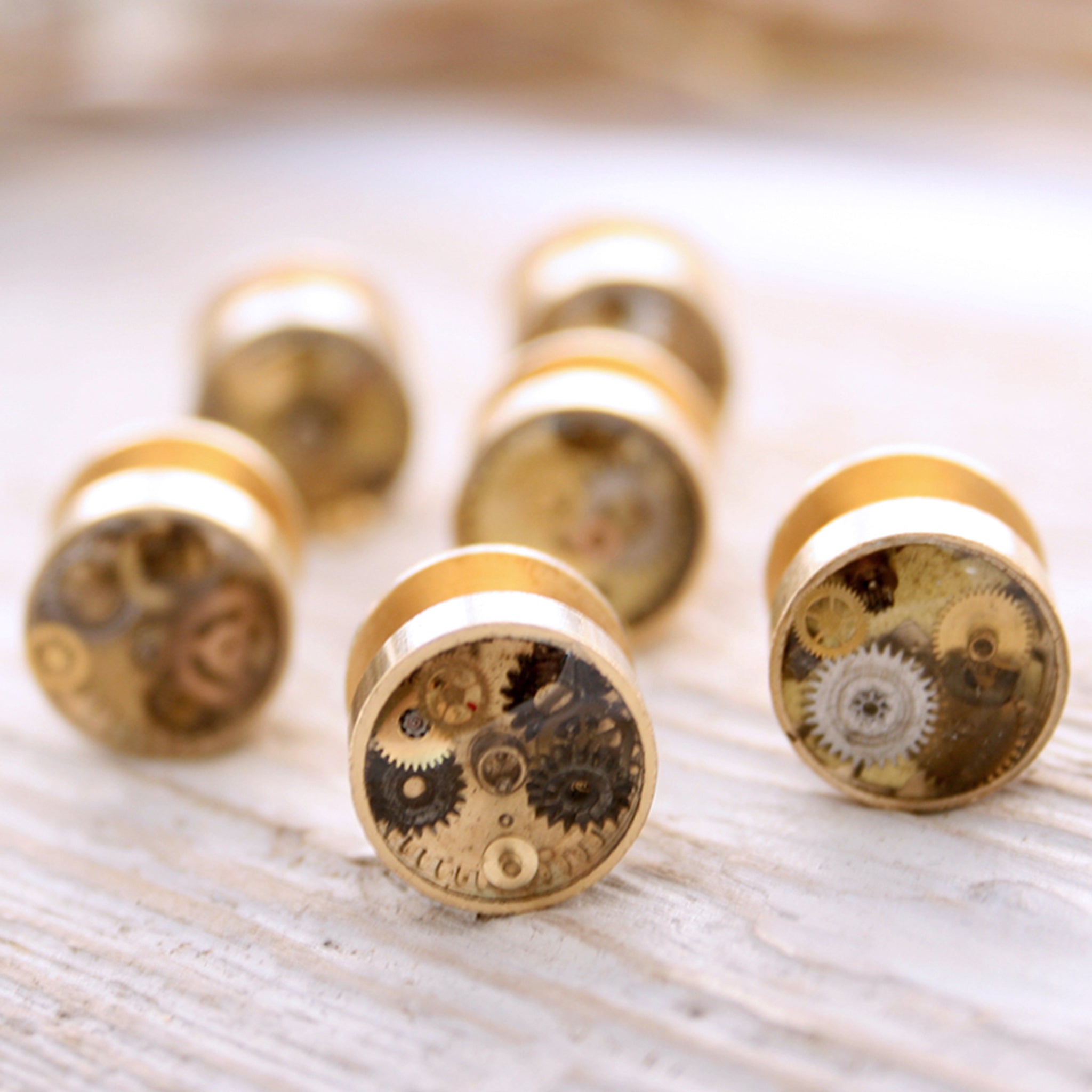 Brass Gold Tuxedo Studs Set filled with steampunk watch parts and resin