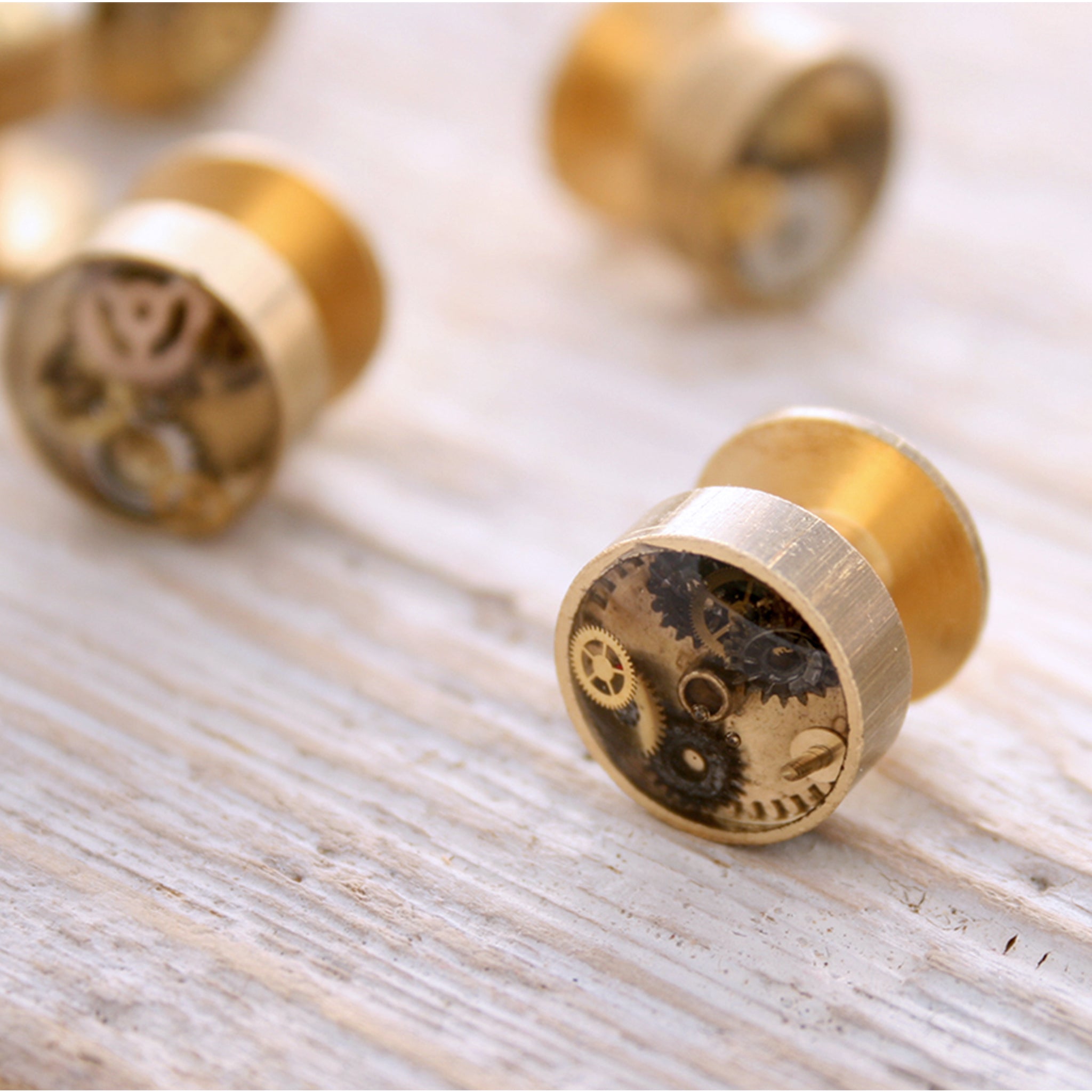 Brass Gold Tuxedo Studs Set filled with steampunk watch parts and resin