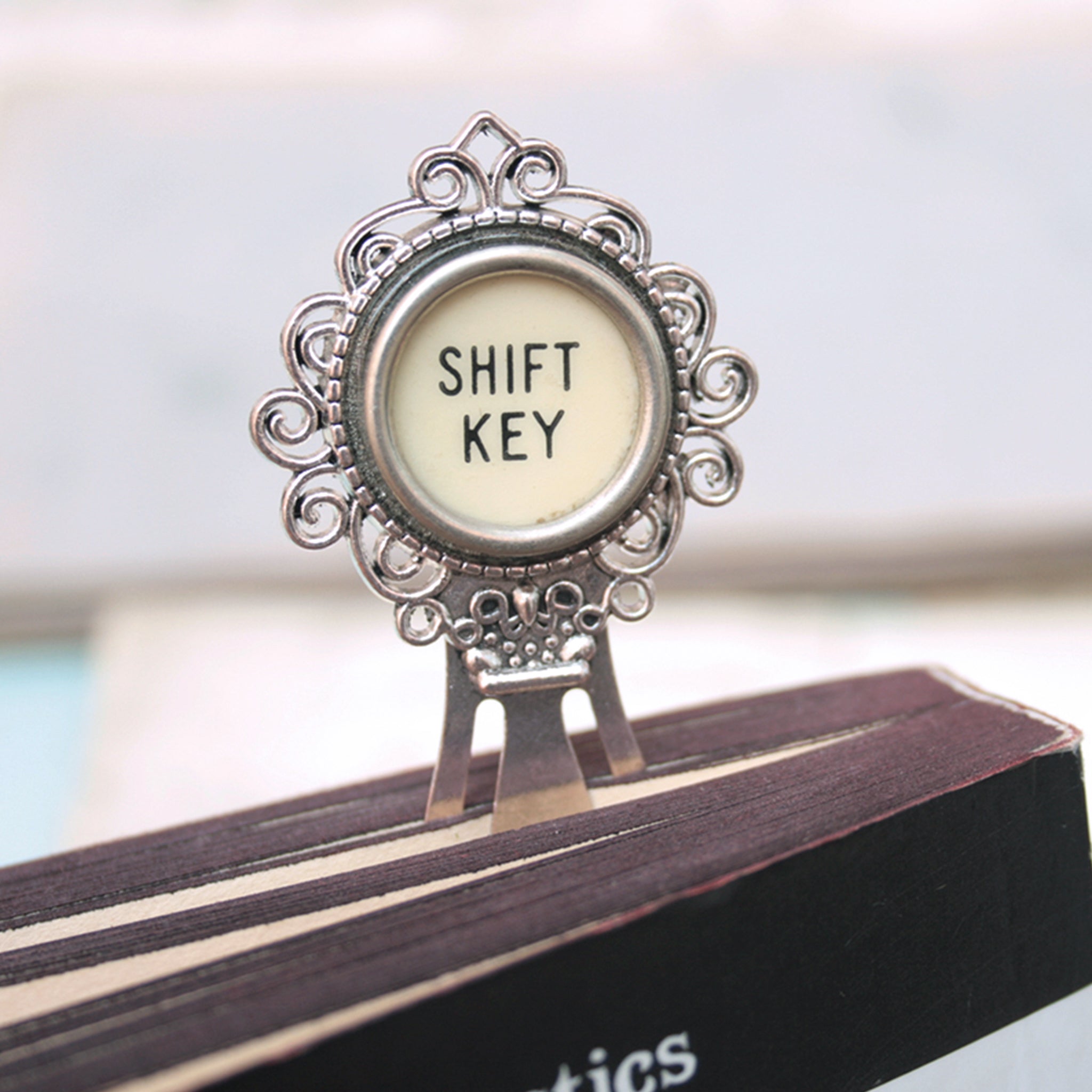 Shift Key metal bookmark for books - made of authentic vintage typewriter key in ivory color