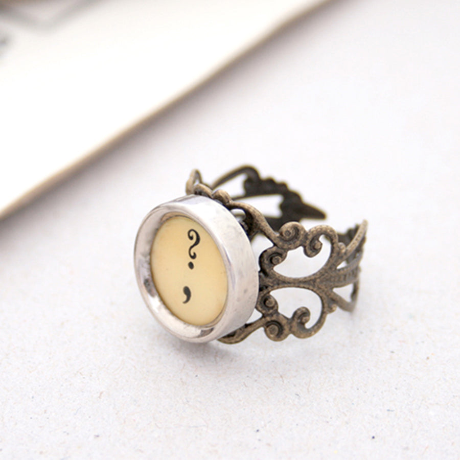 Ring with question mark and comma made of  typewriter key in ivory color