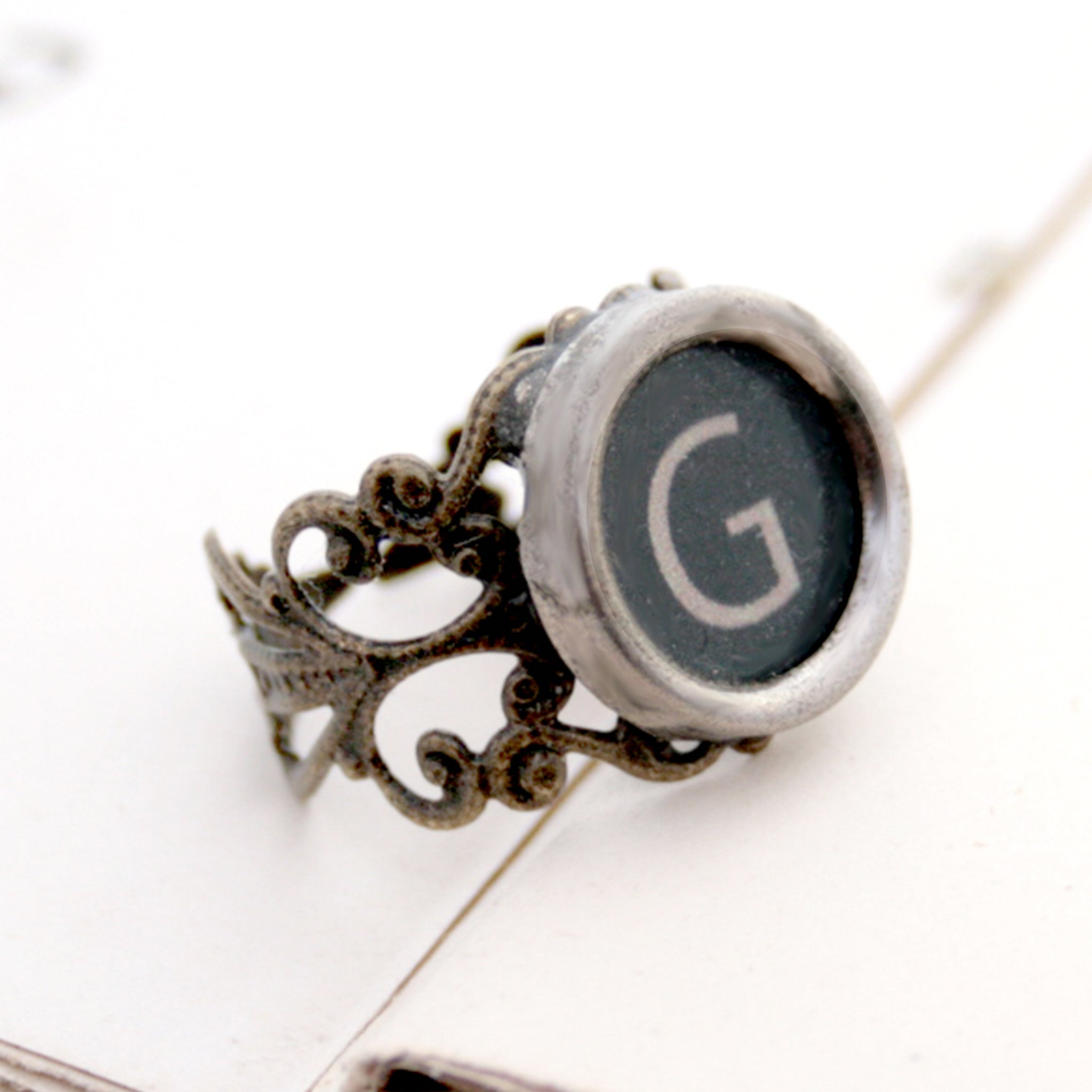 initial ring made of authentic vintage typewriter key in black color