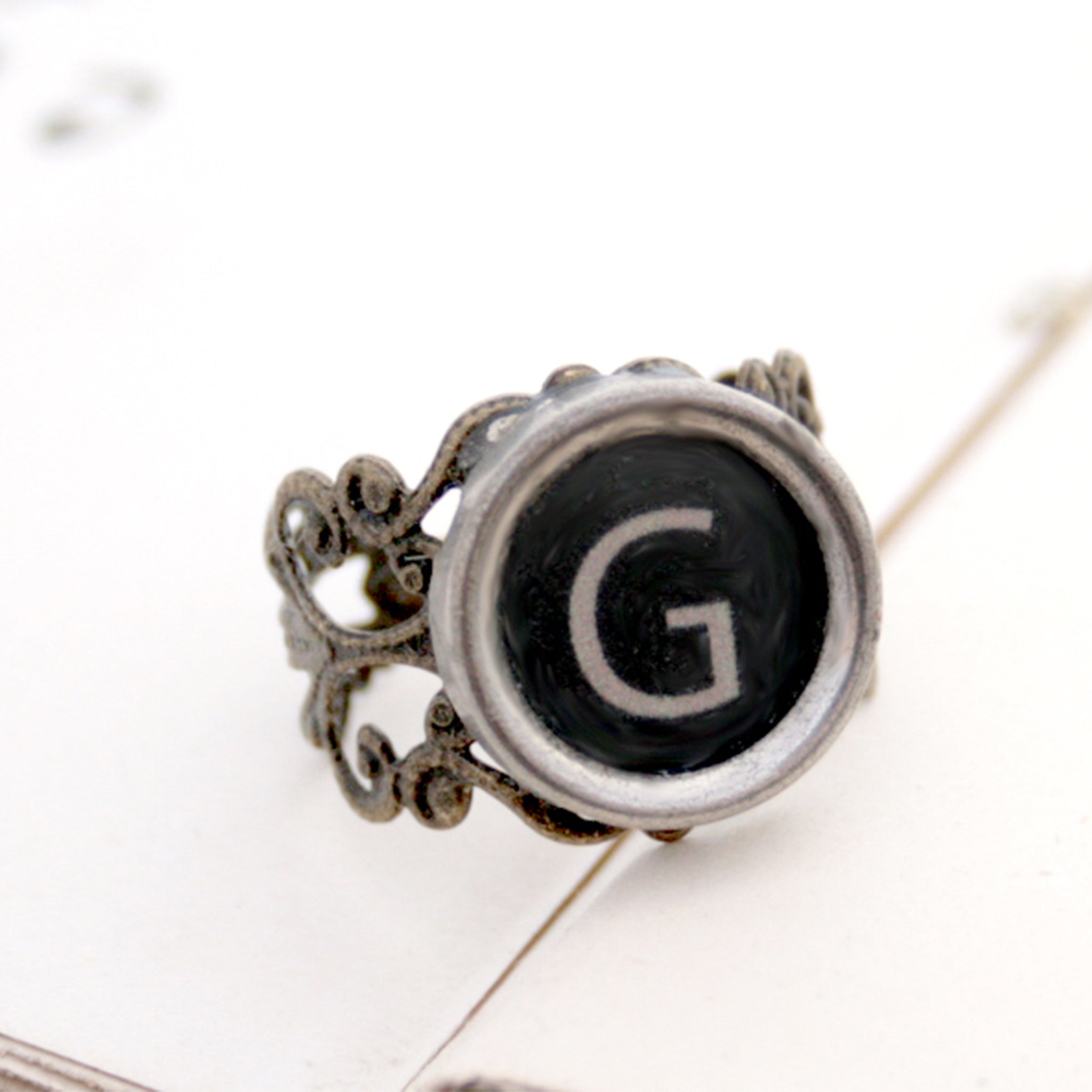 initial ring made of authentic vintage typewriter key in black color