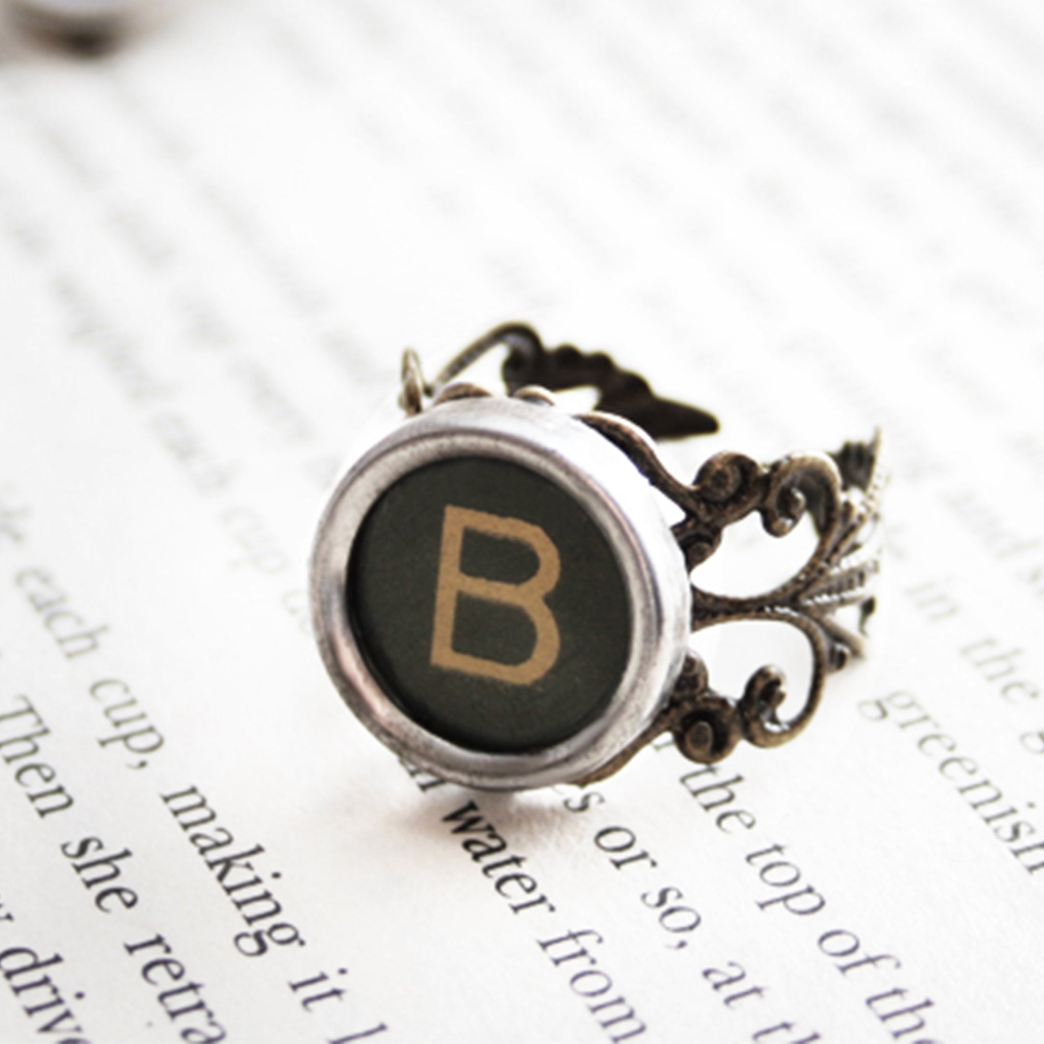 initial ring made of authentic vintage typewriter key in black color