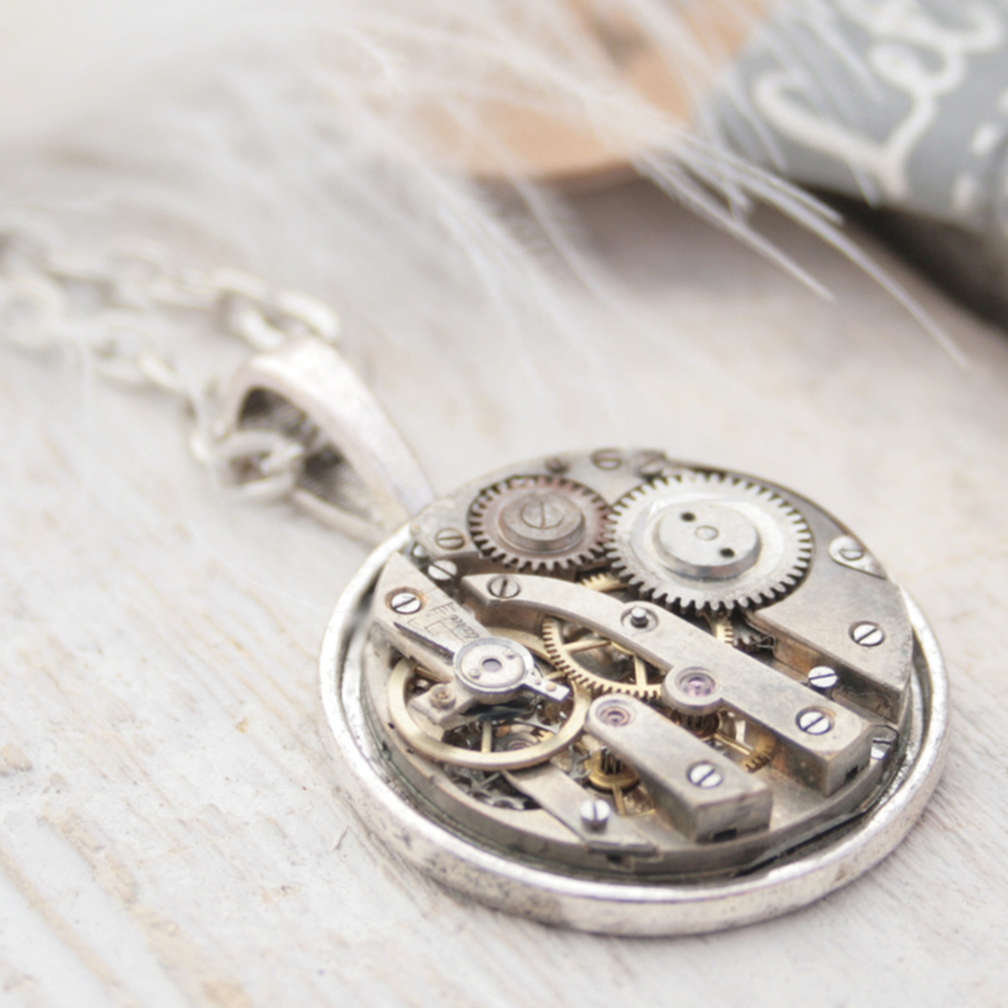 Unique Silver Pendant Necklace with Watch Mechanism in Steampunk Style