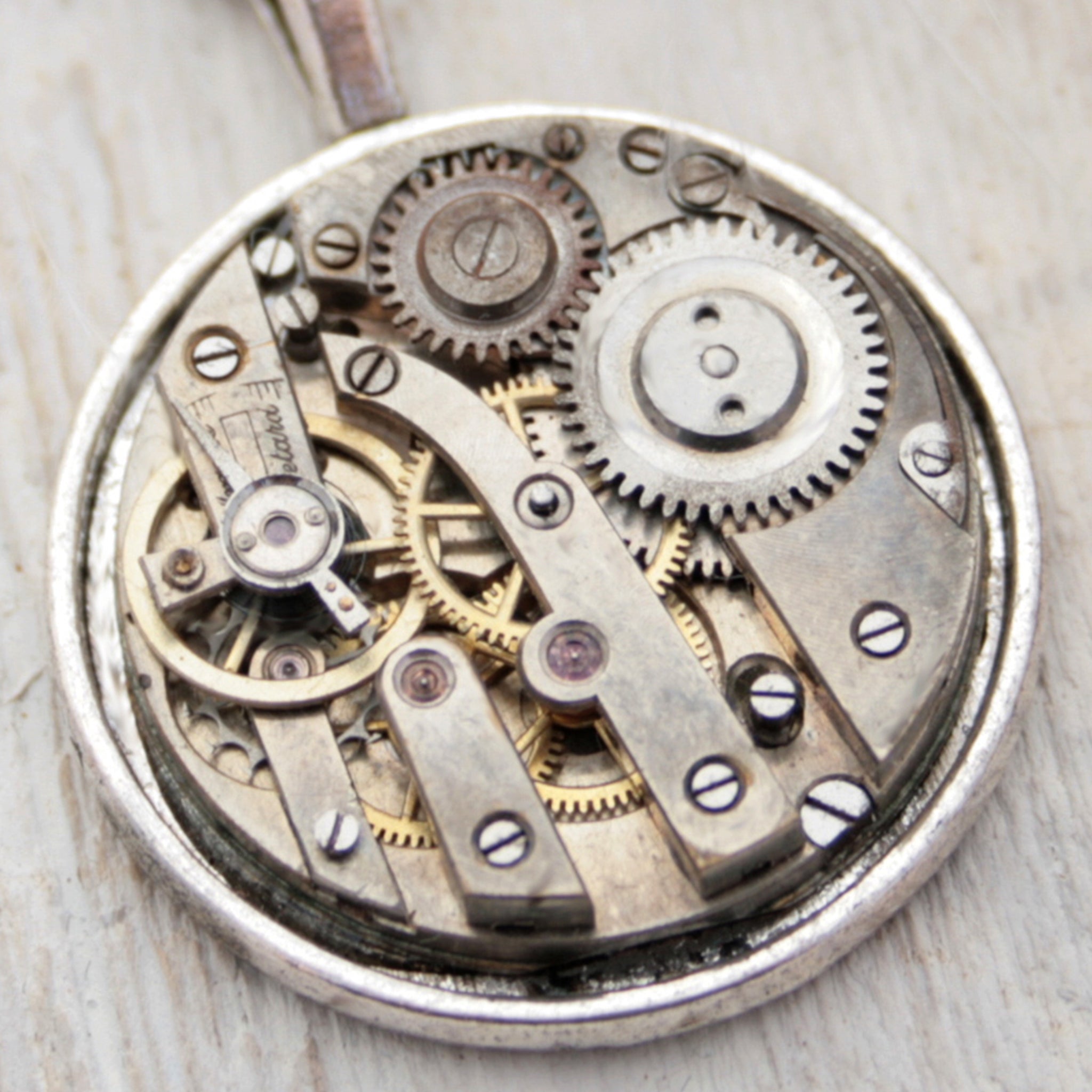 Unique Silver Pendant Necklace with Watch Mechanism in Steampunk Style