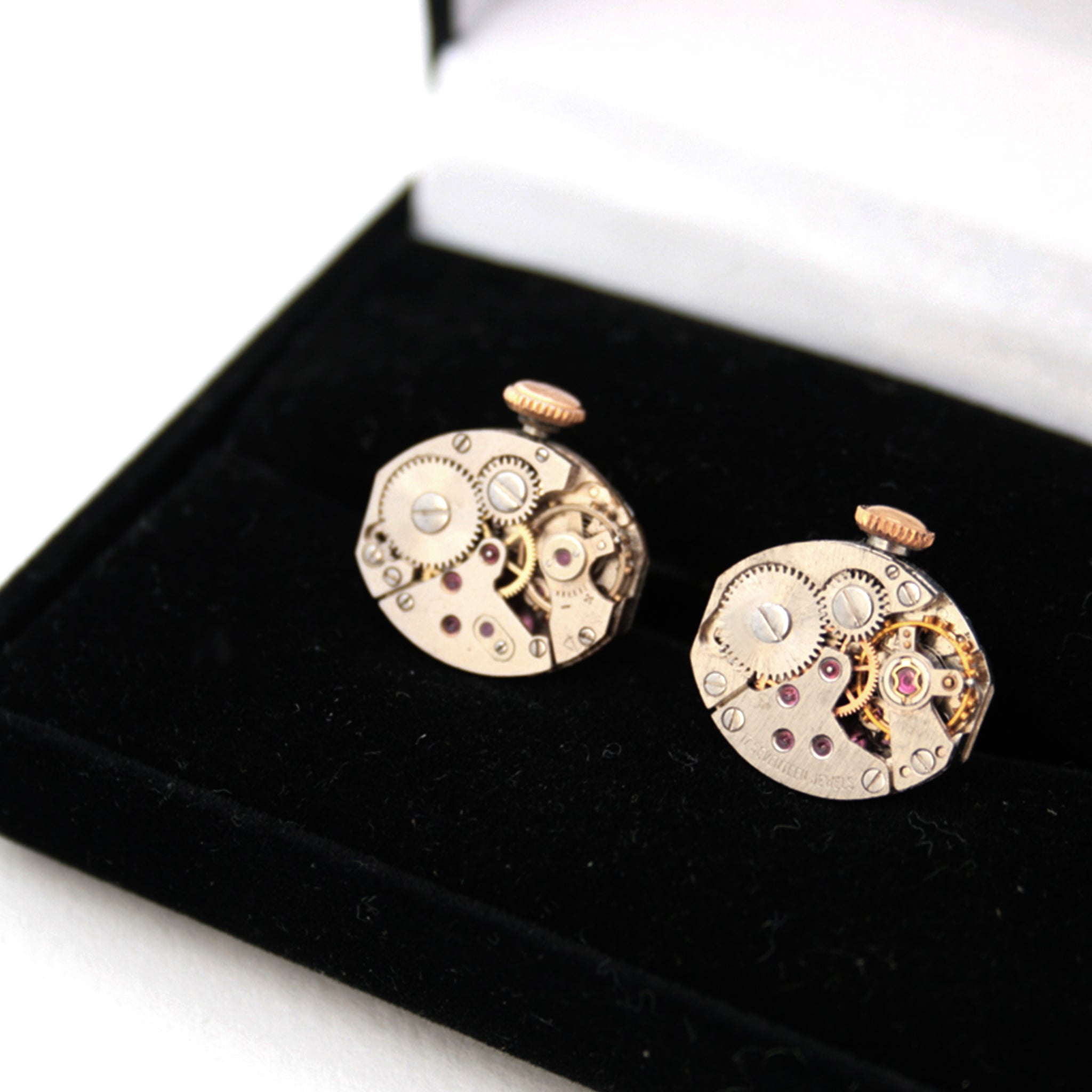 steampunk wedding cufflinks featuring antique watch movements with wind ups in a black velour box