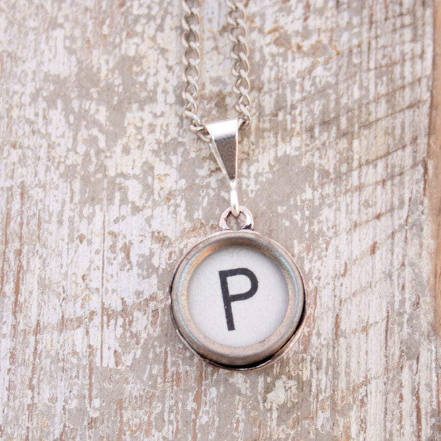 White P letter initial necklace made of antique typewriter key