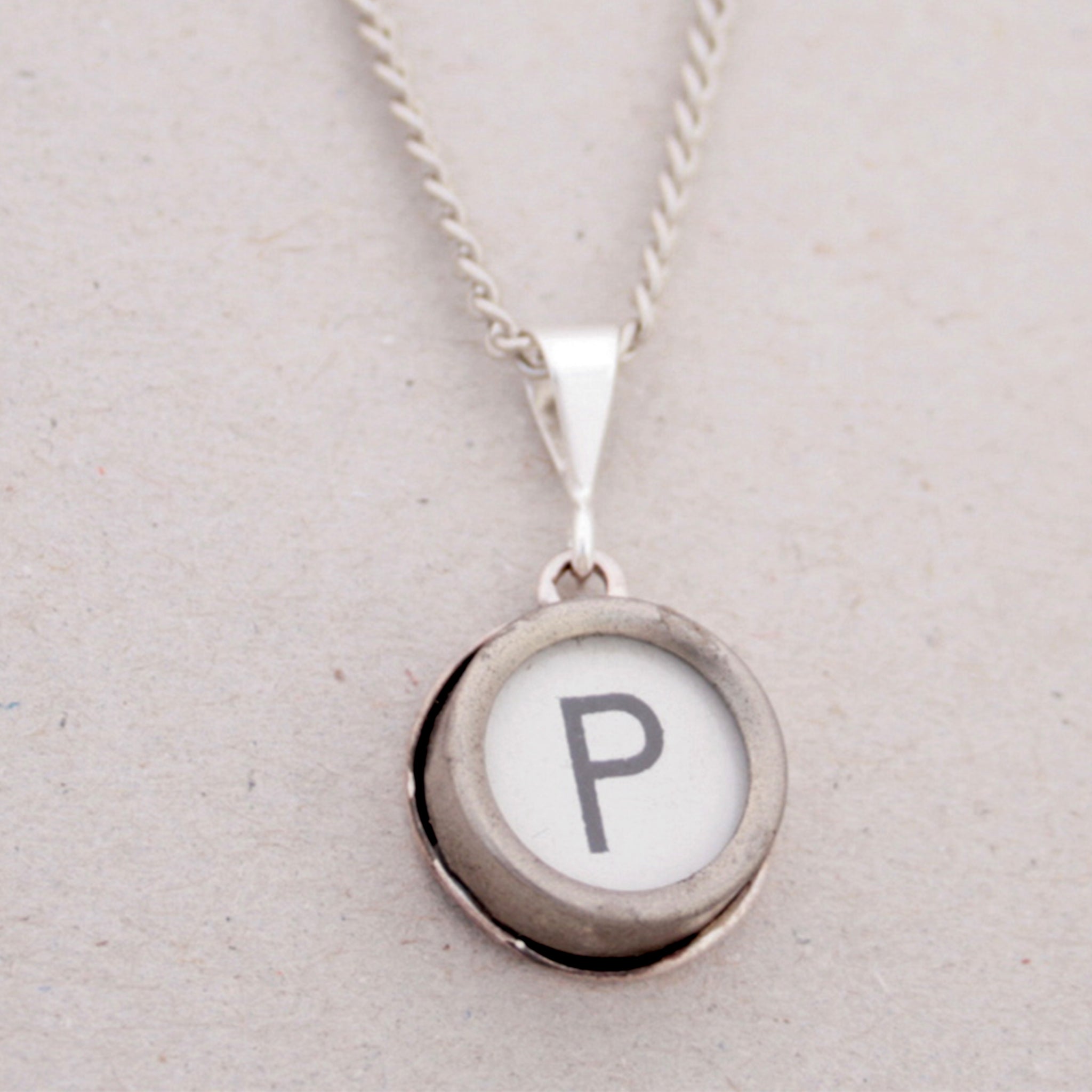 White P letter initial necklace made of antique typewriter key