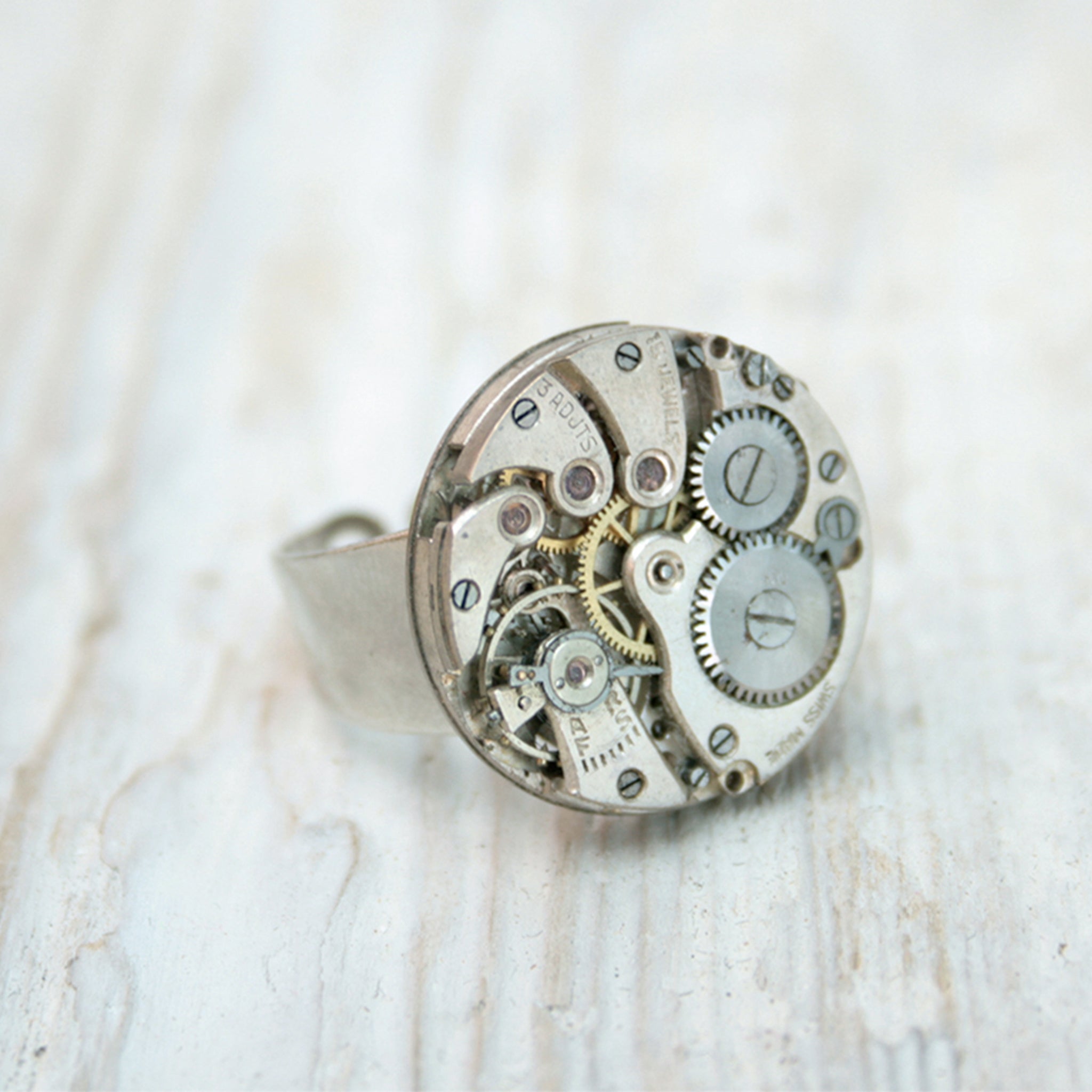 Alternative ring made using a real steampunk Swiss watch mechanism