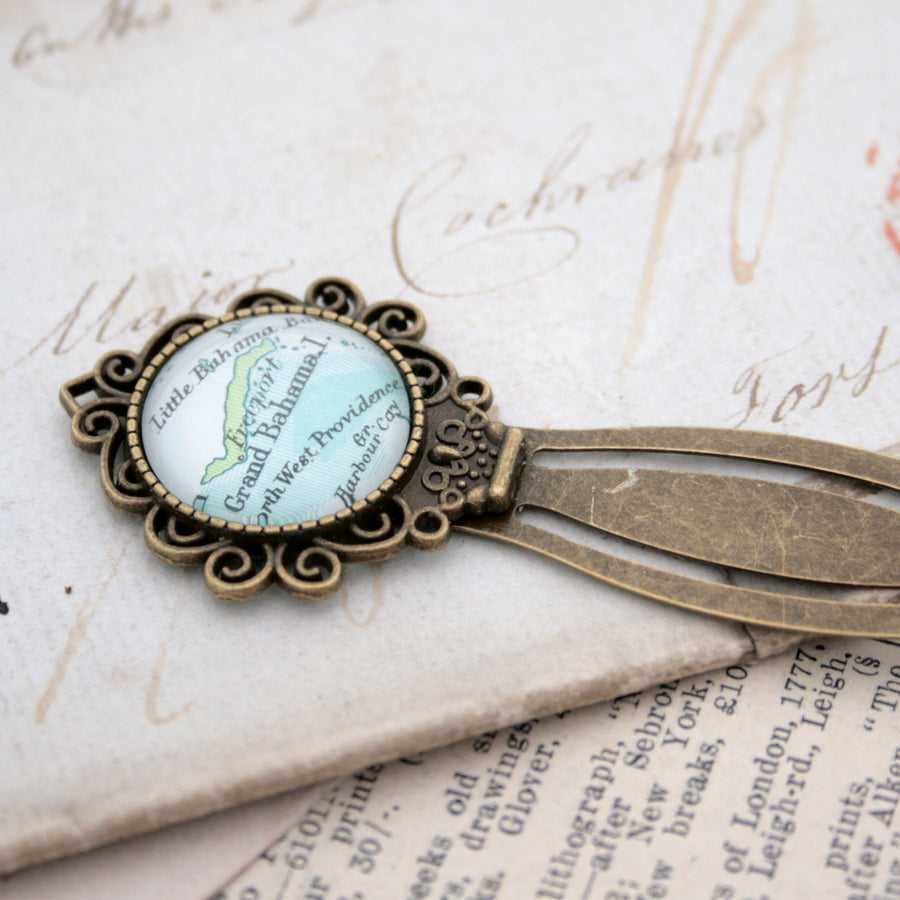 Personalised bookmark featuring Grand Bahama map in antique bronze color