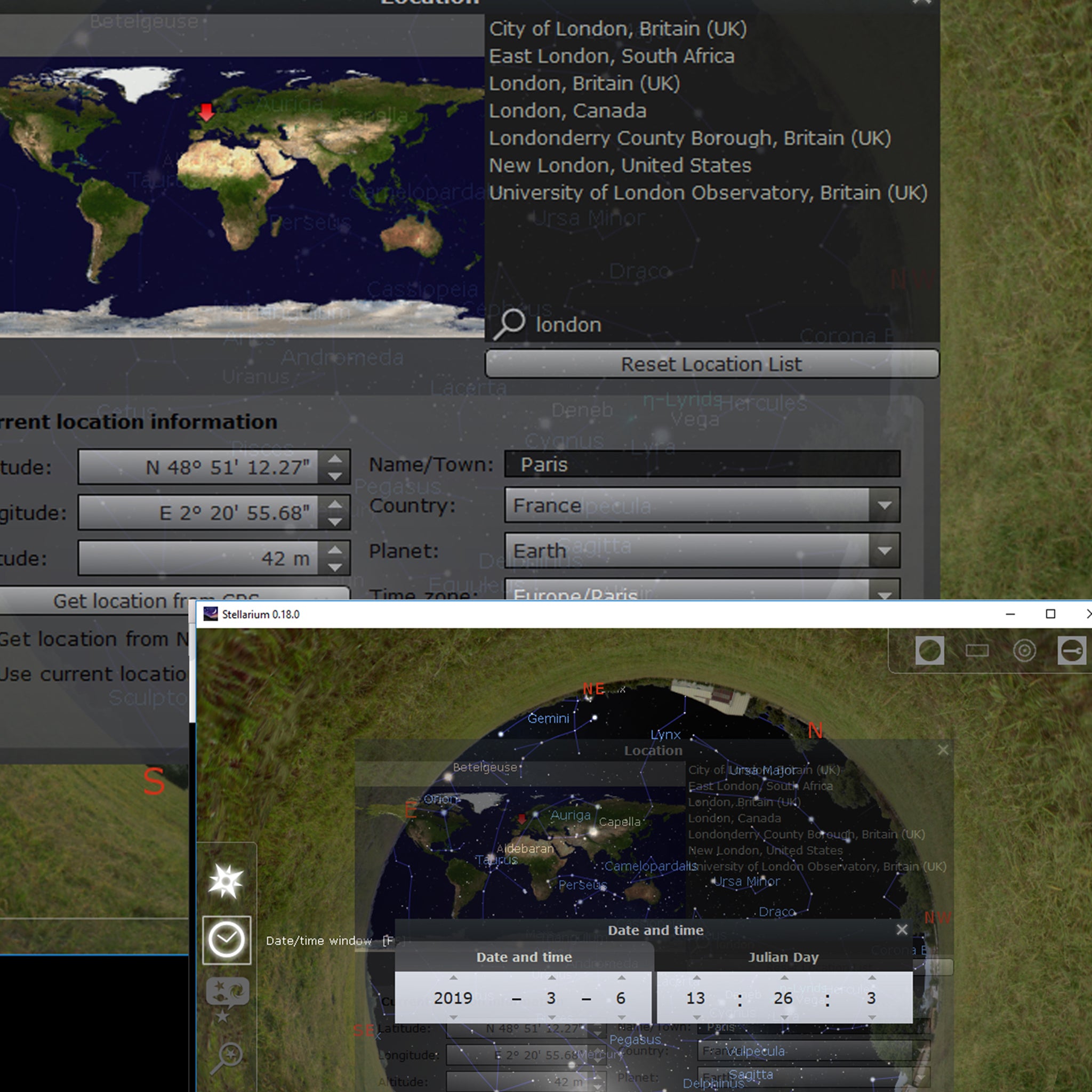 Interactive star map of the sky visible from your given place on your given date