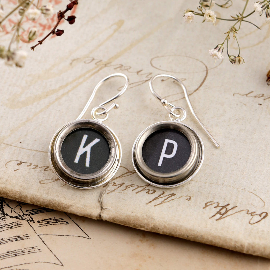 Black initial earrings K and P made of old typewriter keys