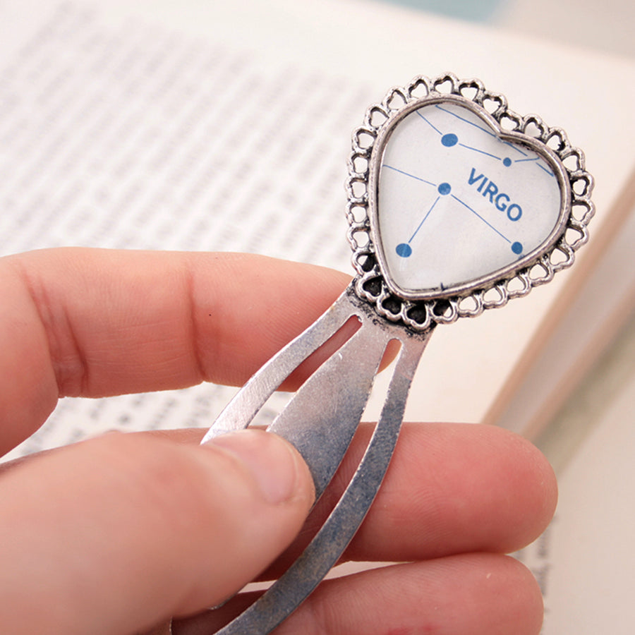Silver heart metal bookmark featuring Virgo zodiac