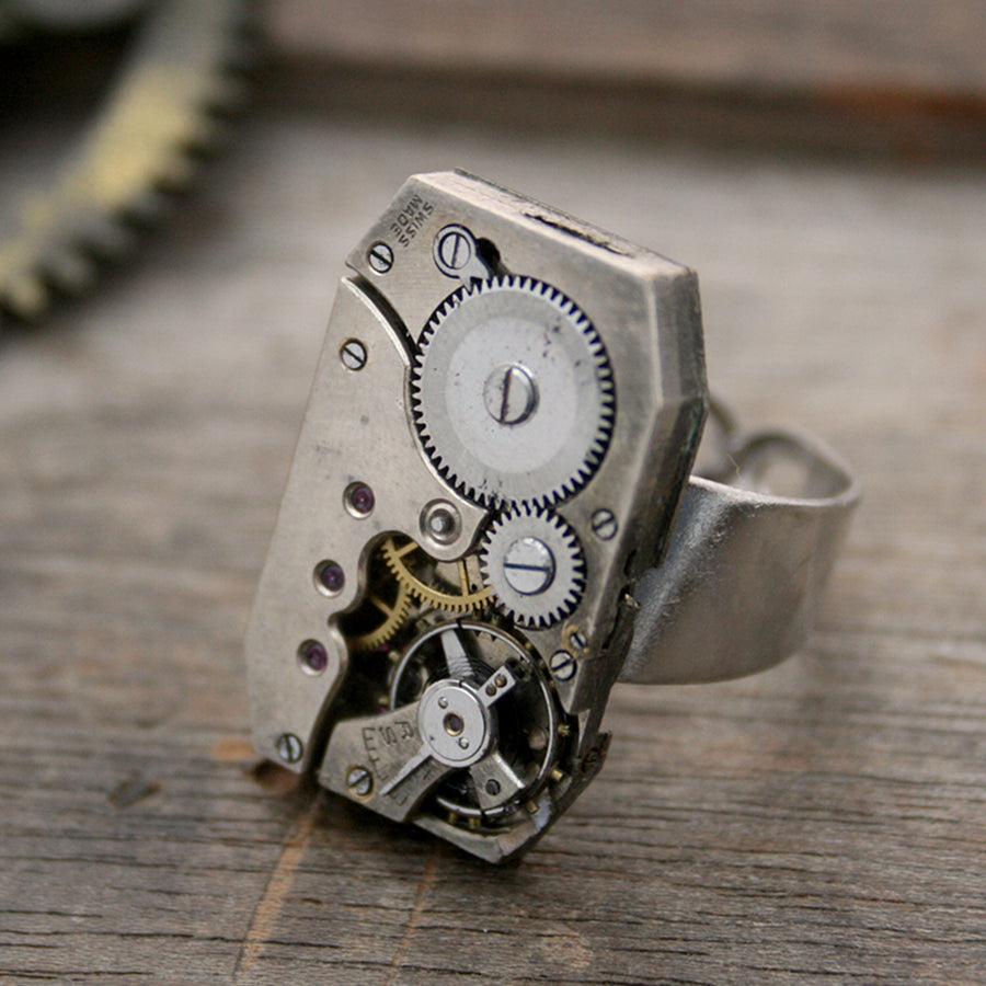 Rectangle Cocktail Ring in Steampunk Style on Hand