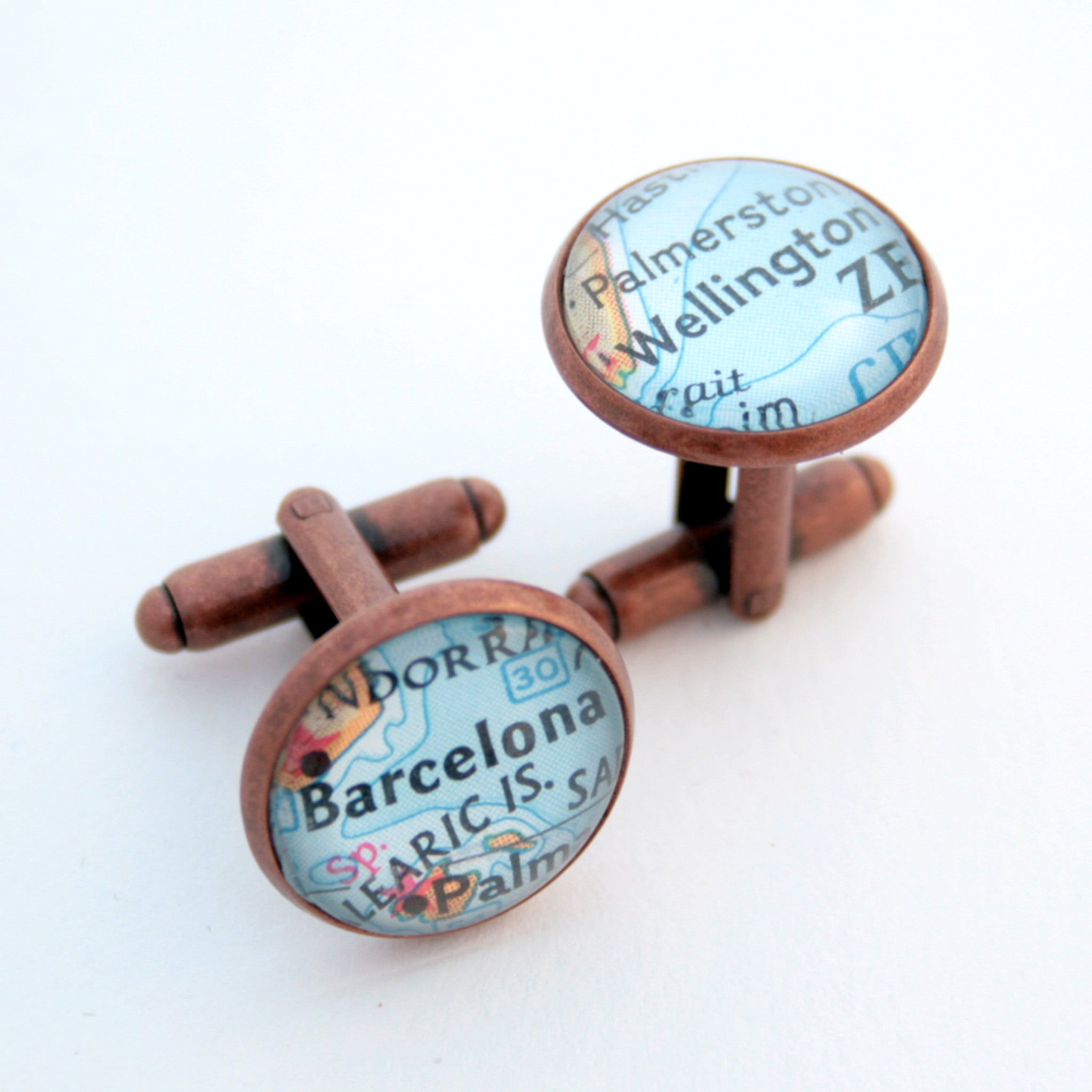 cufflinks personalised with map locations in antique copper finish