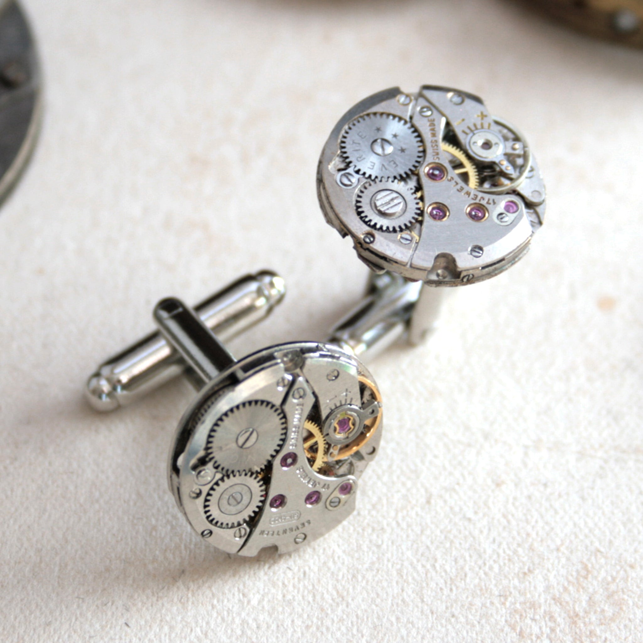 Steampunk mens cufflinks featuring antique watch movements