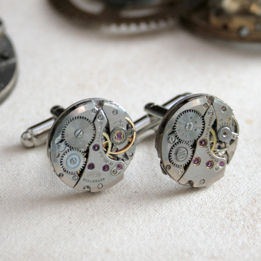 Steampunk mens cufflinks featuring antique watch movements