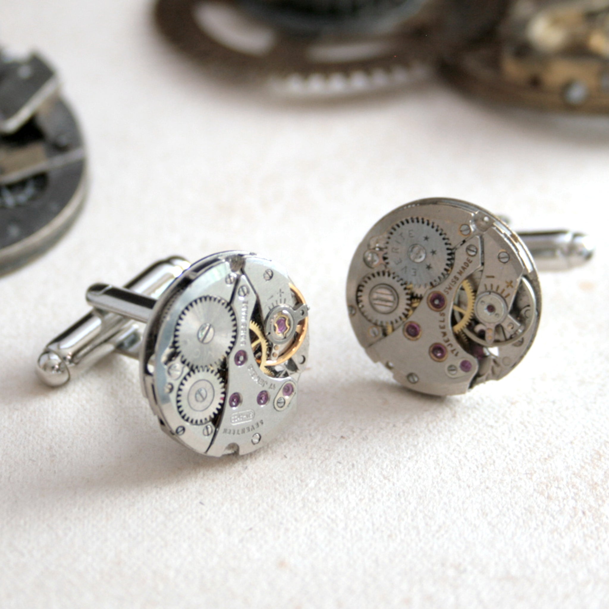 Steampunk mens cufflinks featuring antique watch movements