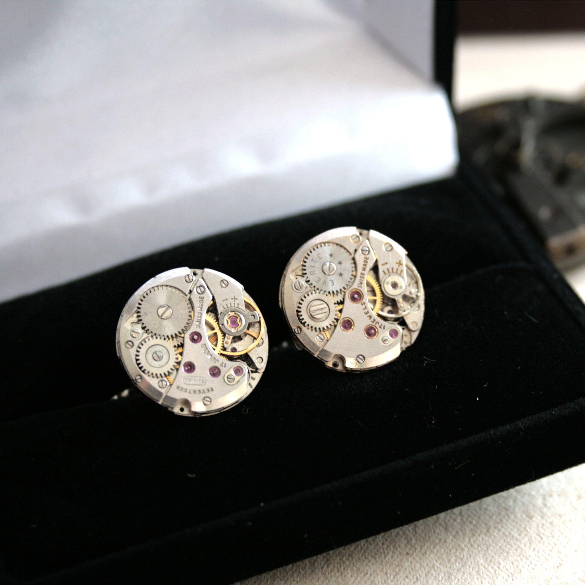 Steampunk mens cufflinks featuring antique watch movements in black velour cufflink box