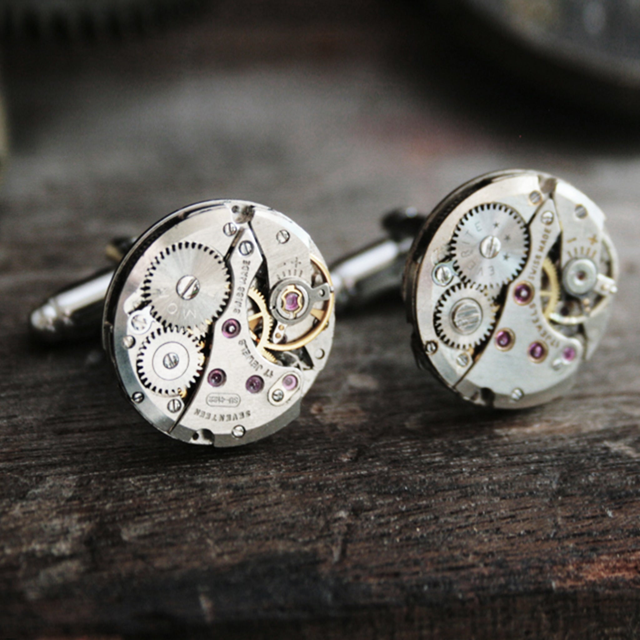 Steampunk mens cufflinks featuring antique watch movements