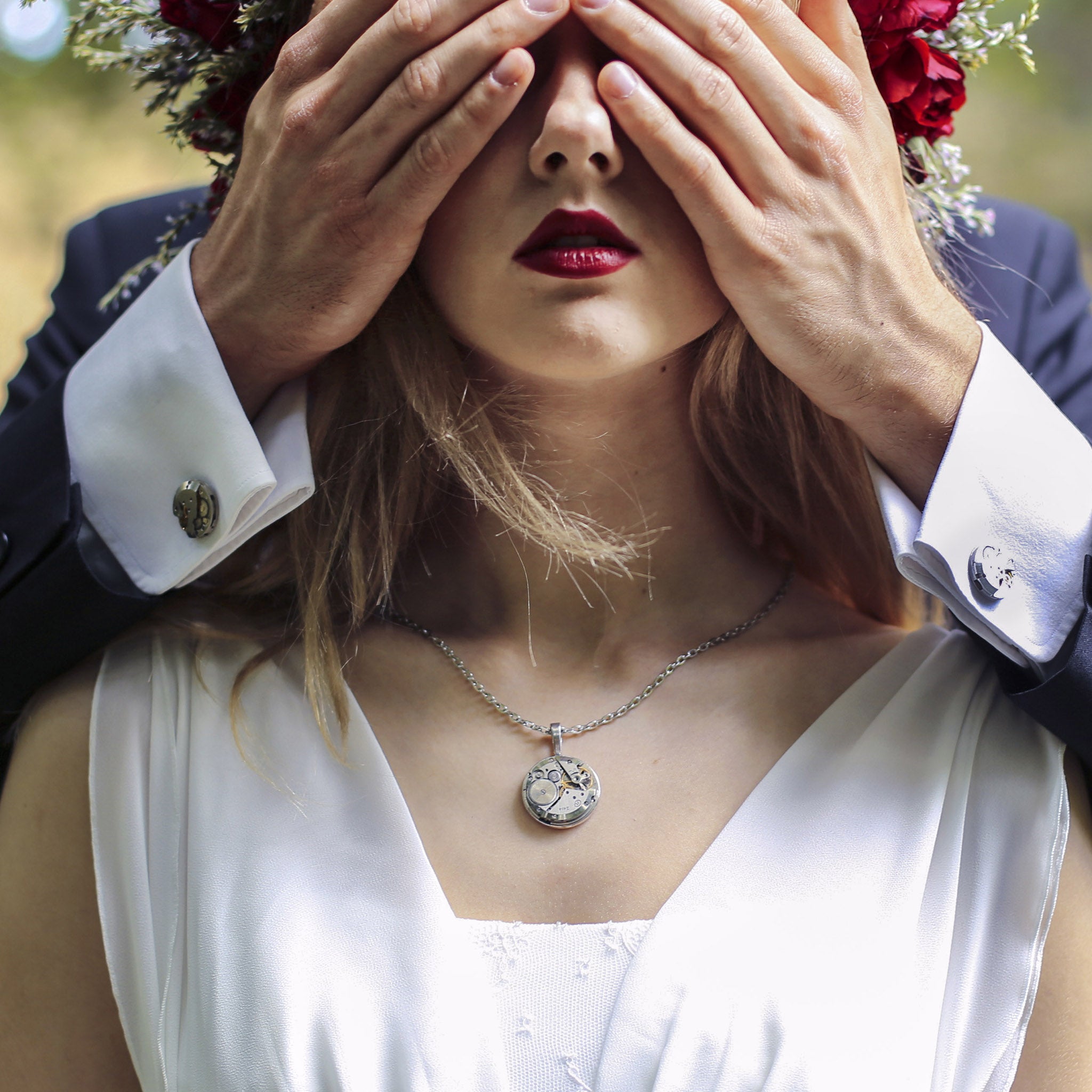 Groom and bride. He is wearing Steampunk Cufflinks for Men made of real watches