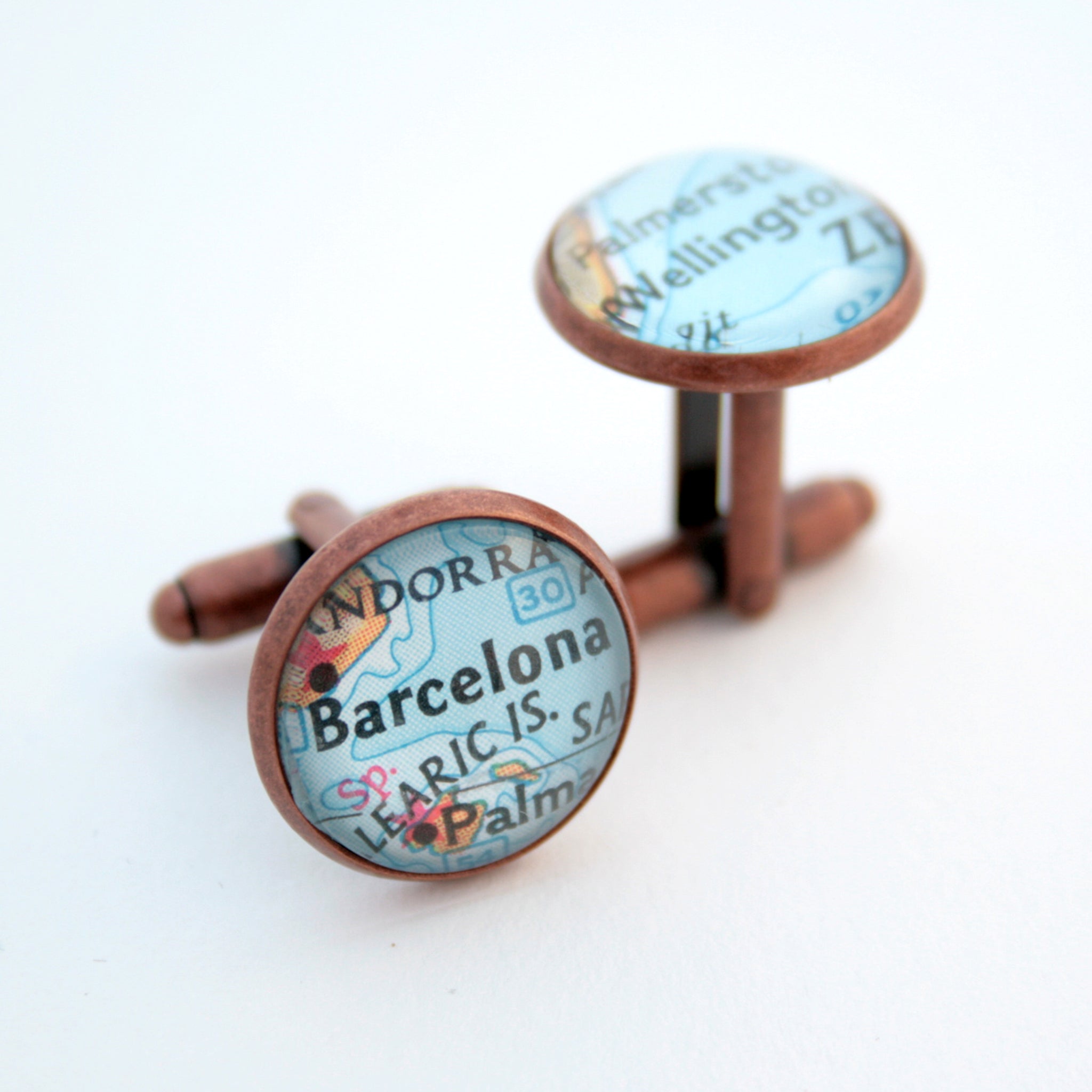 cufflinks personalised with map locations in antique copper finish