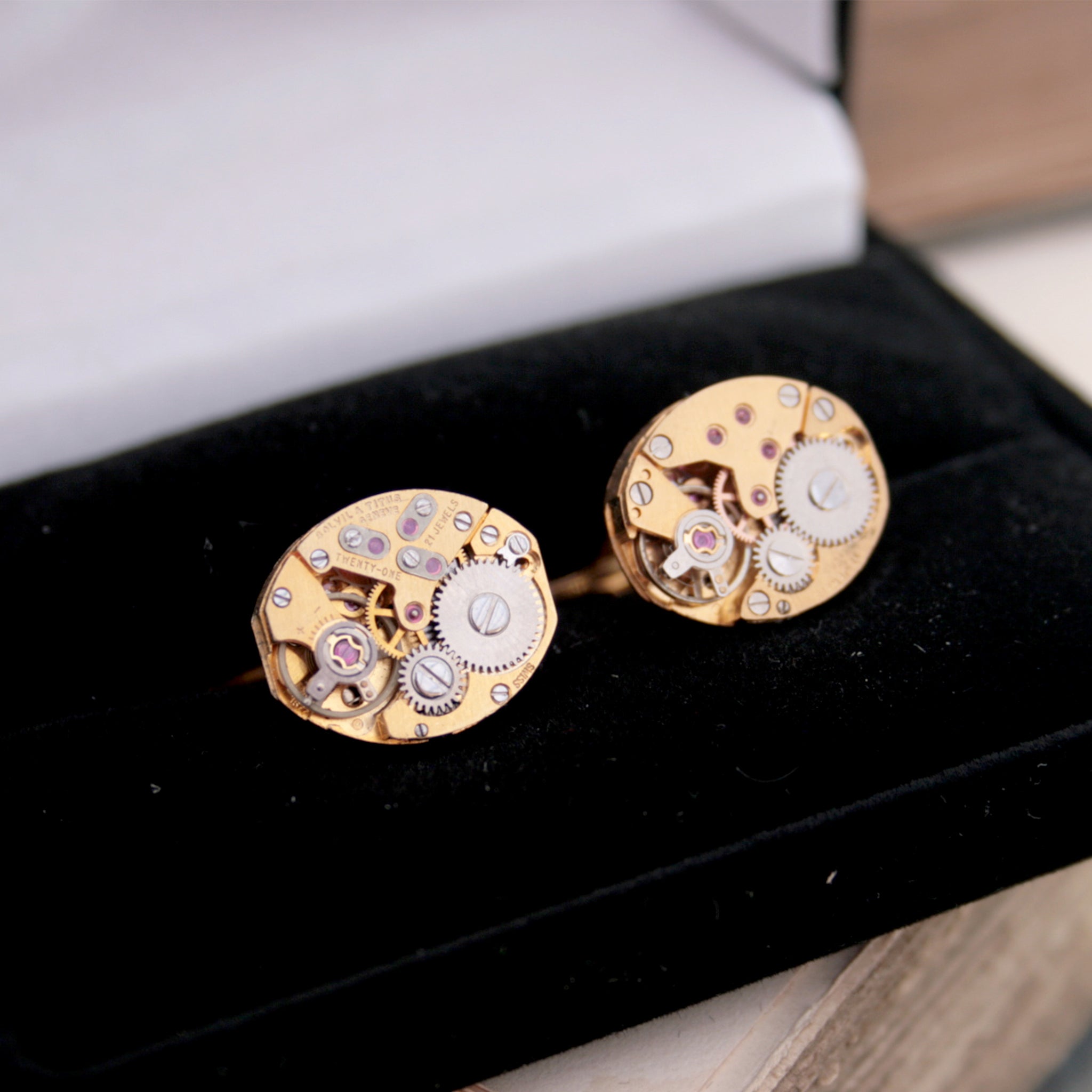 Gold Watch Cufflinks made of Rotary watch movements in a black velour box