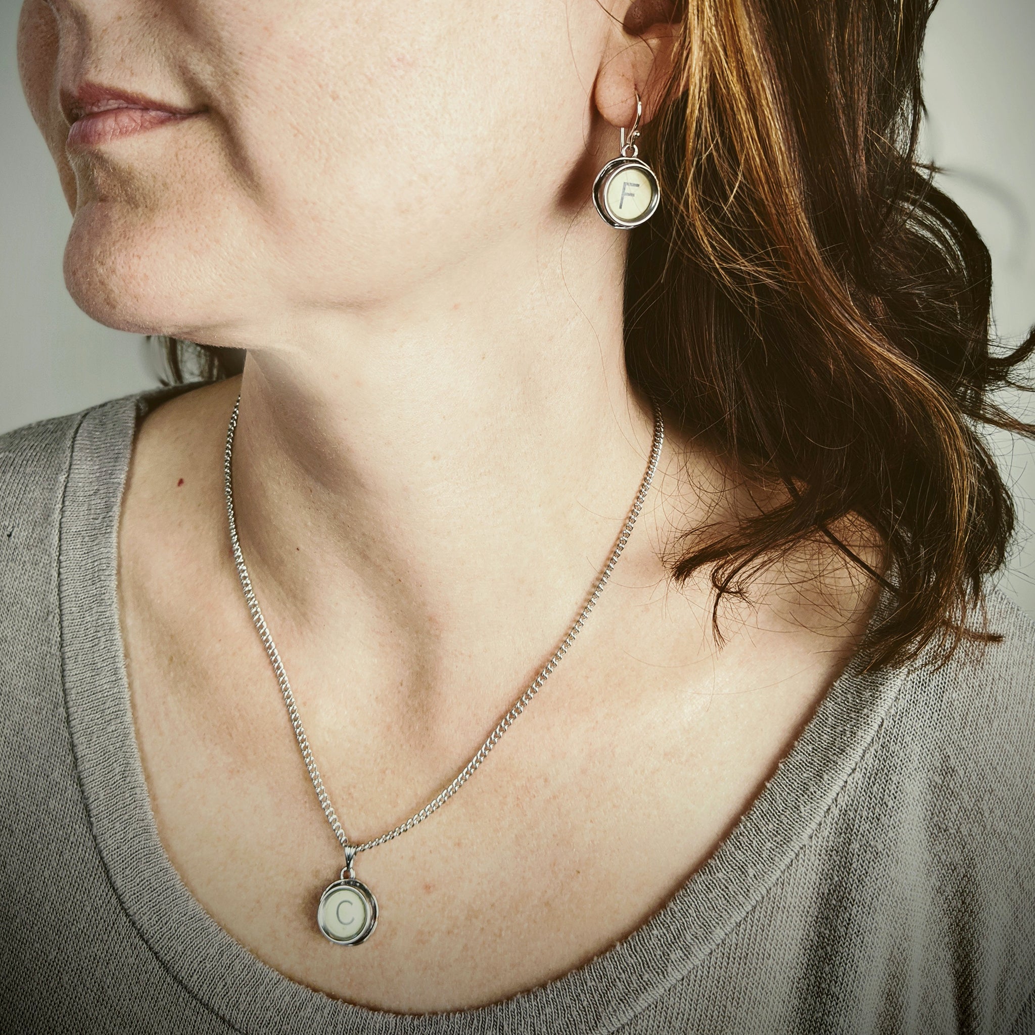 initial necklace and earrings made of authentic vintage typewriter key in ivory tone