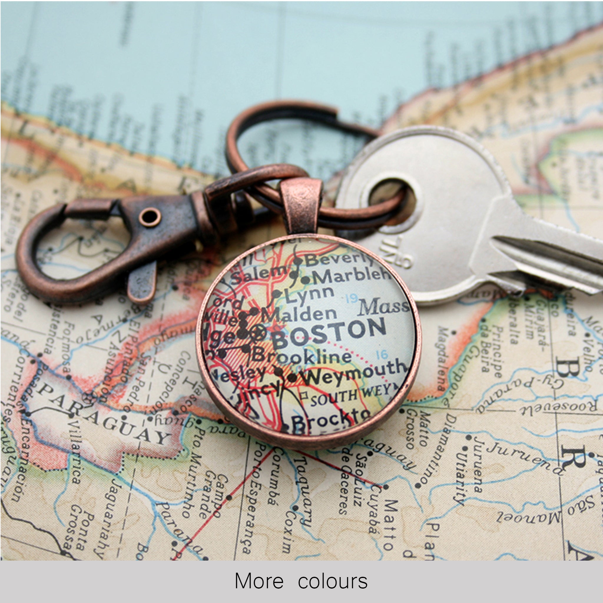 Personalised Keyring in copper color featuring map of Boston