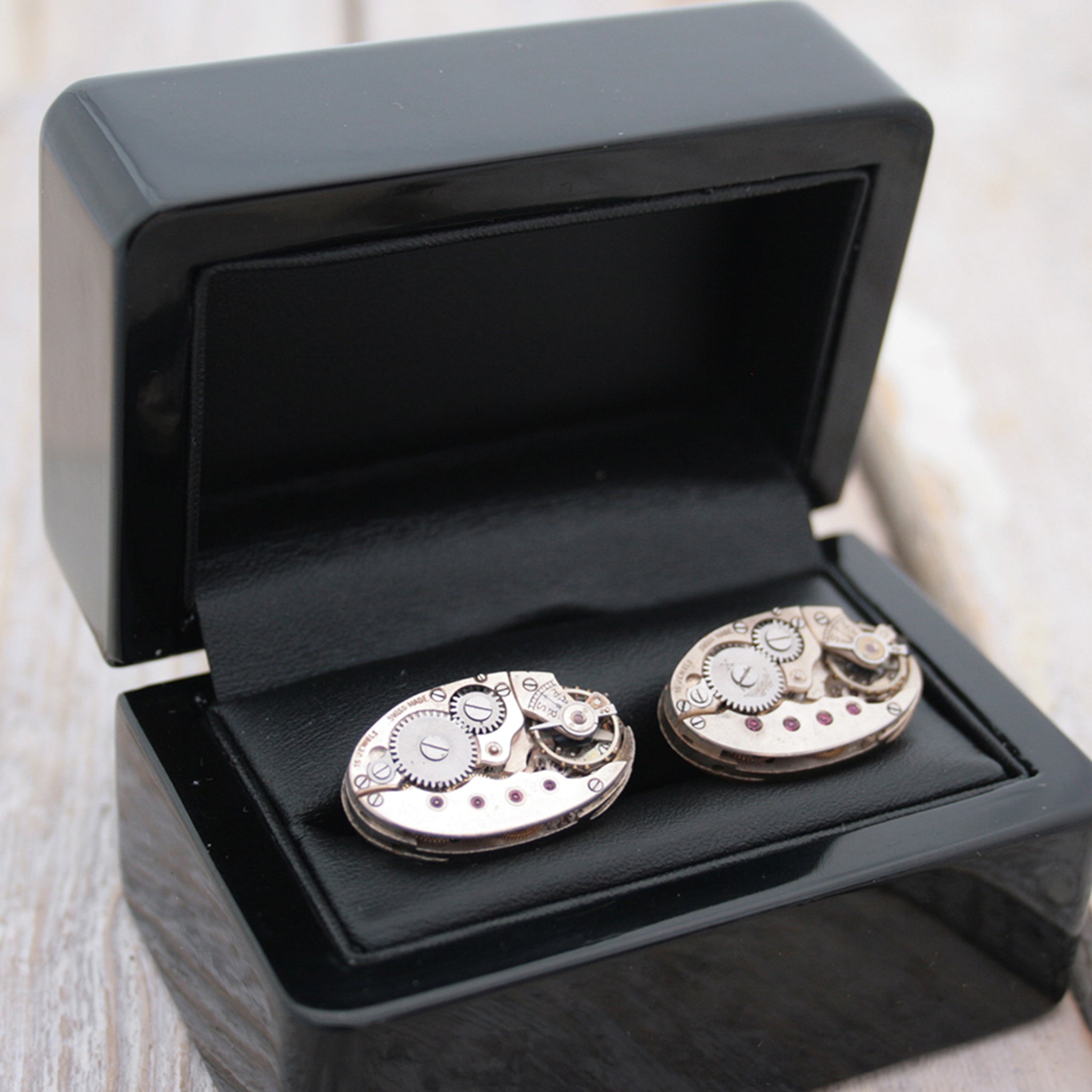 Steampunk Watch Cufflinks in ebony box
