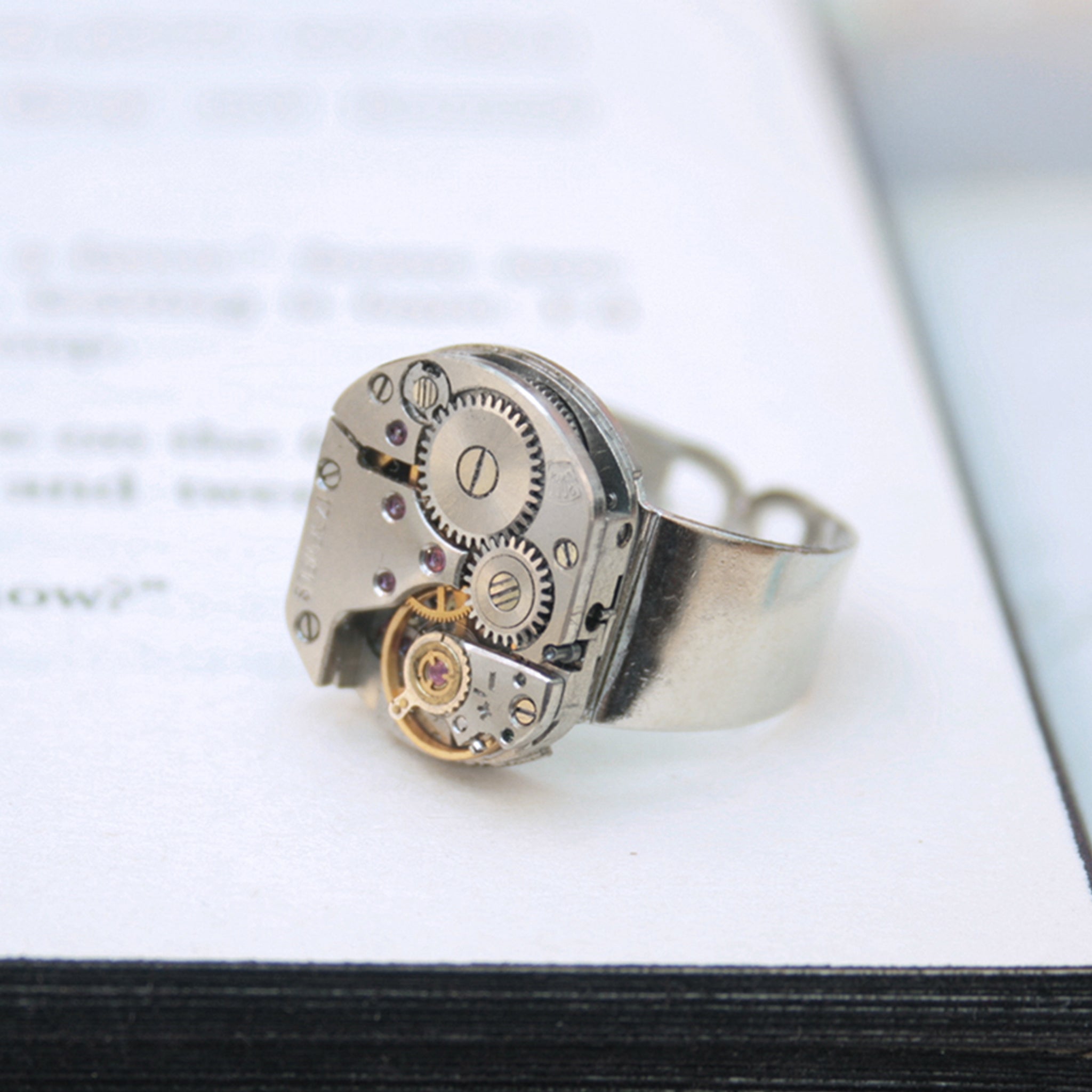 Mens Pinky Ring in Steampunk Style made of watch movement in silver color