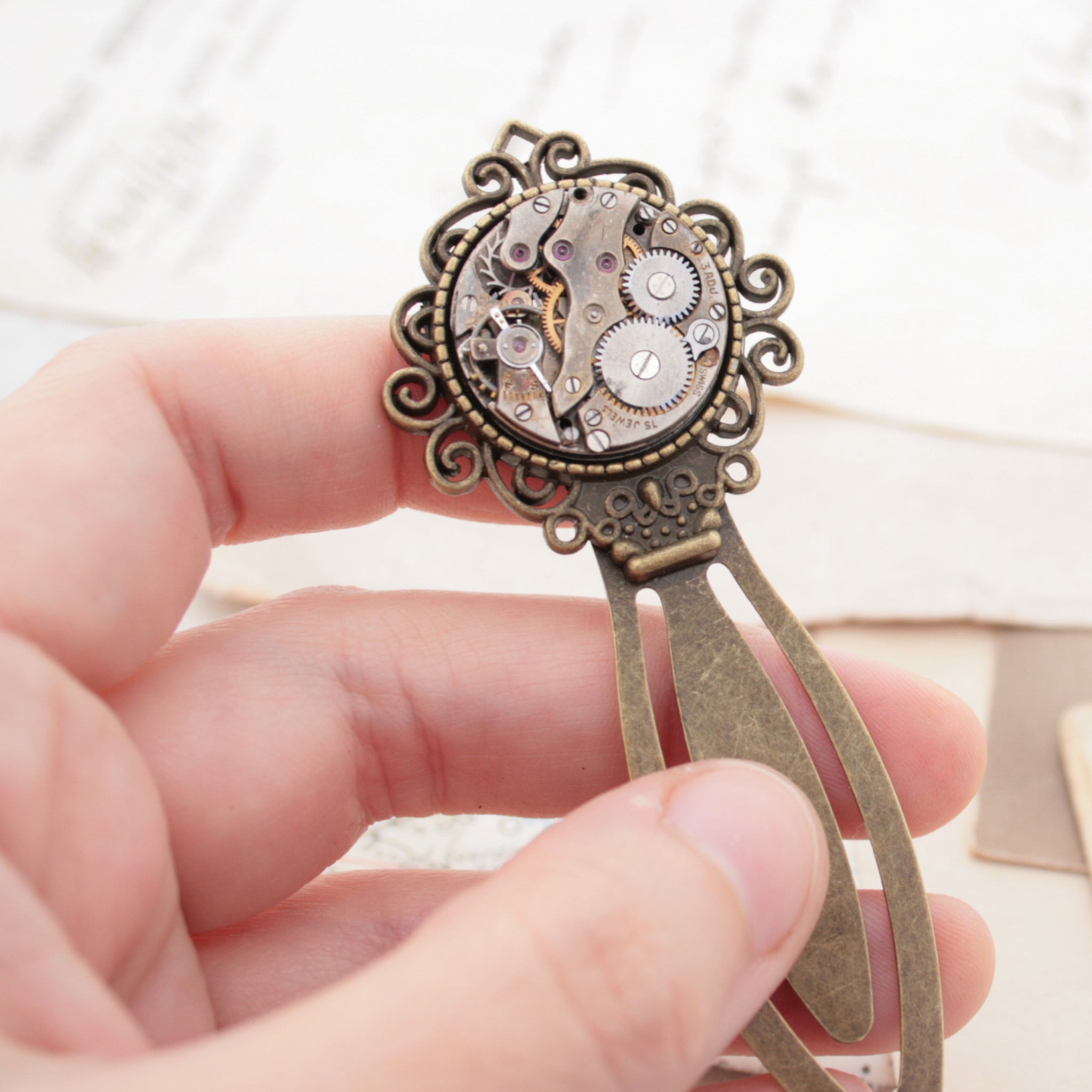 metal bookmarks with steampunk watch movement