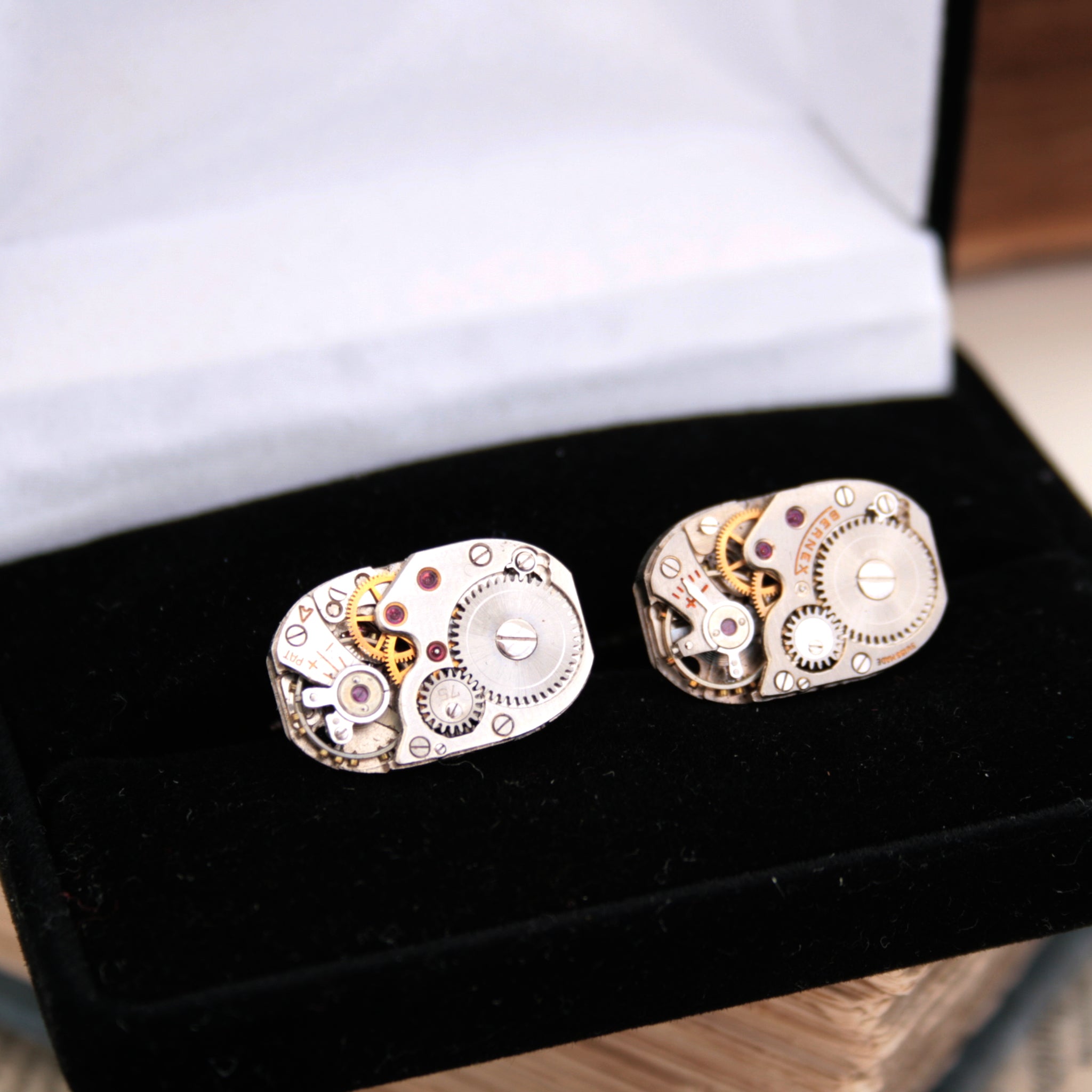 Steampunk Cufflinks made of Swiss watch movements in a box